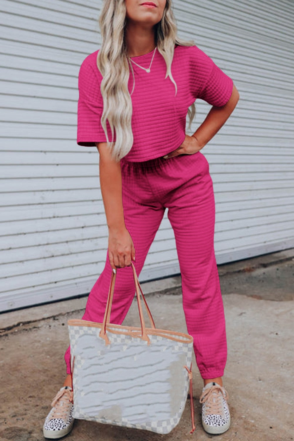 White Lattice Textured Cropped Tee and Jogger Pants Set