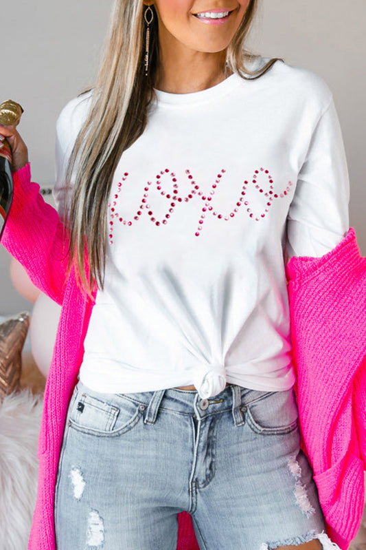 White Valentines Rhinestone XOXO Graphic Crewneck Tee