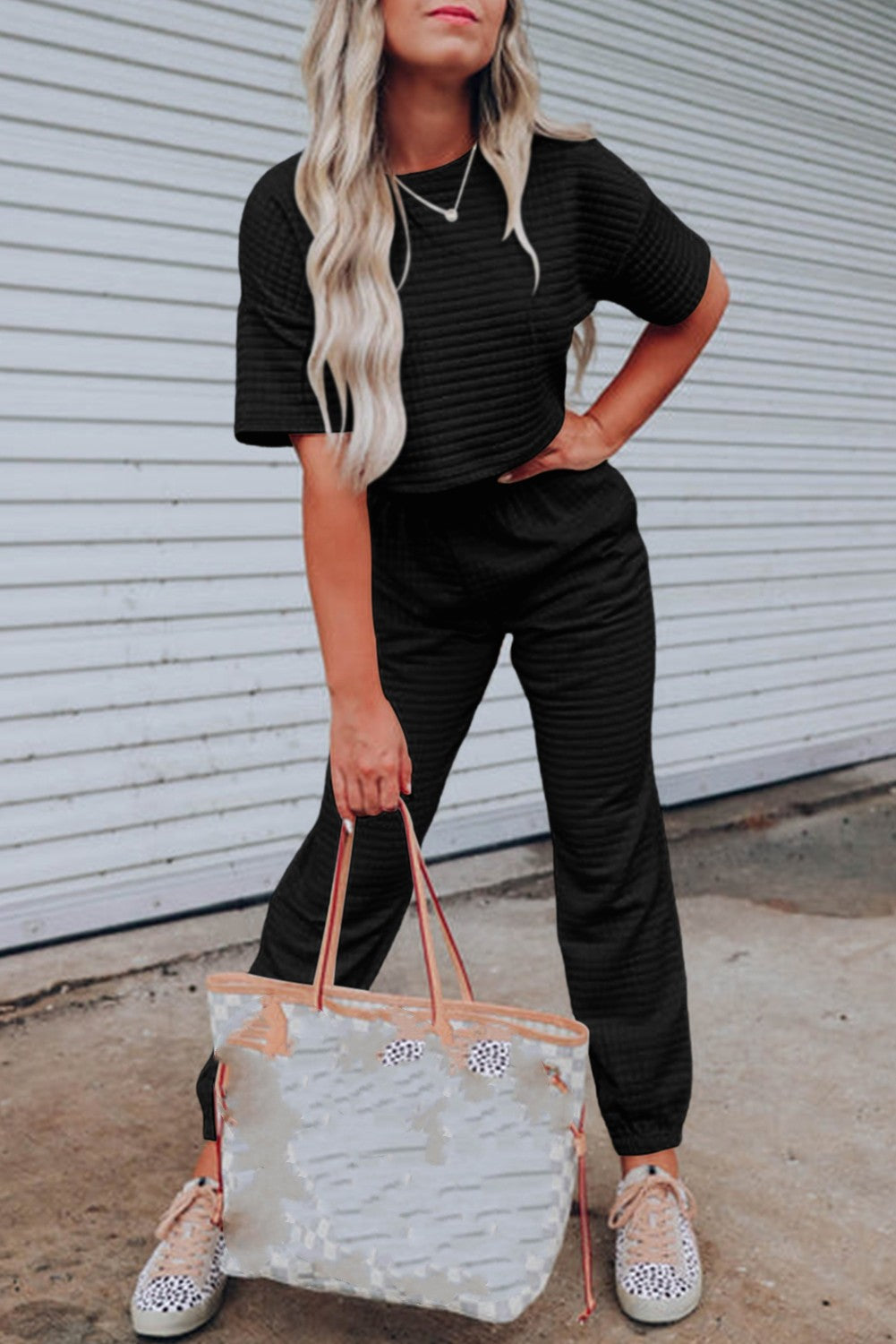 White Lattice Textured Cropped Tee and Jogger Pants Set