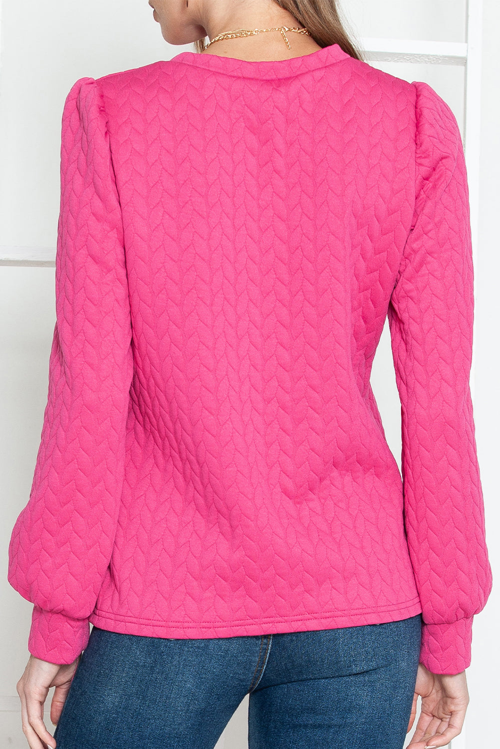 Rosy Waffle Quilted Puff Sleeve Sweatshirt