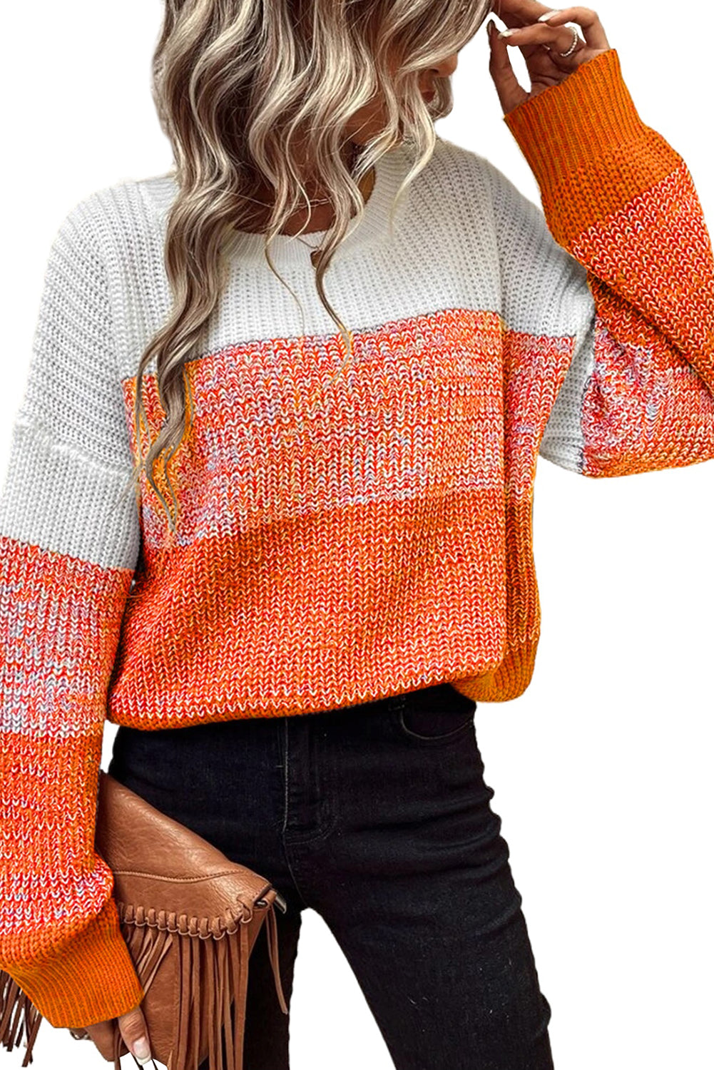 Brown Color Block Drop Shoulder Ribbed Trim Sweater