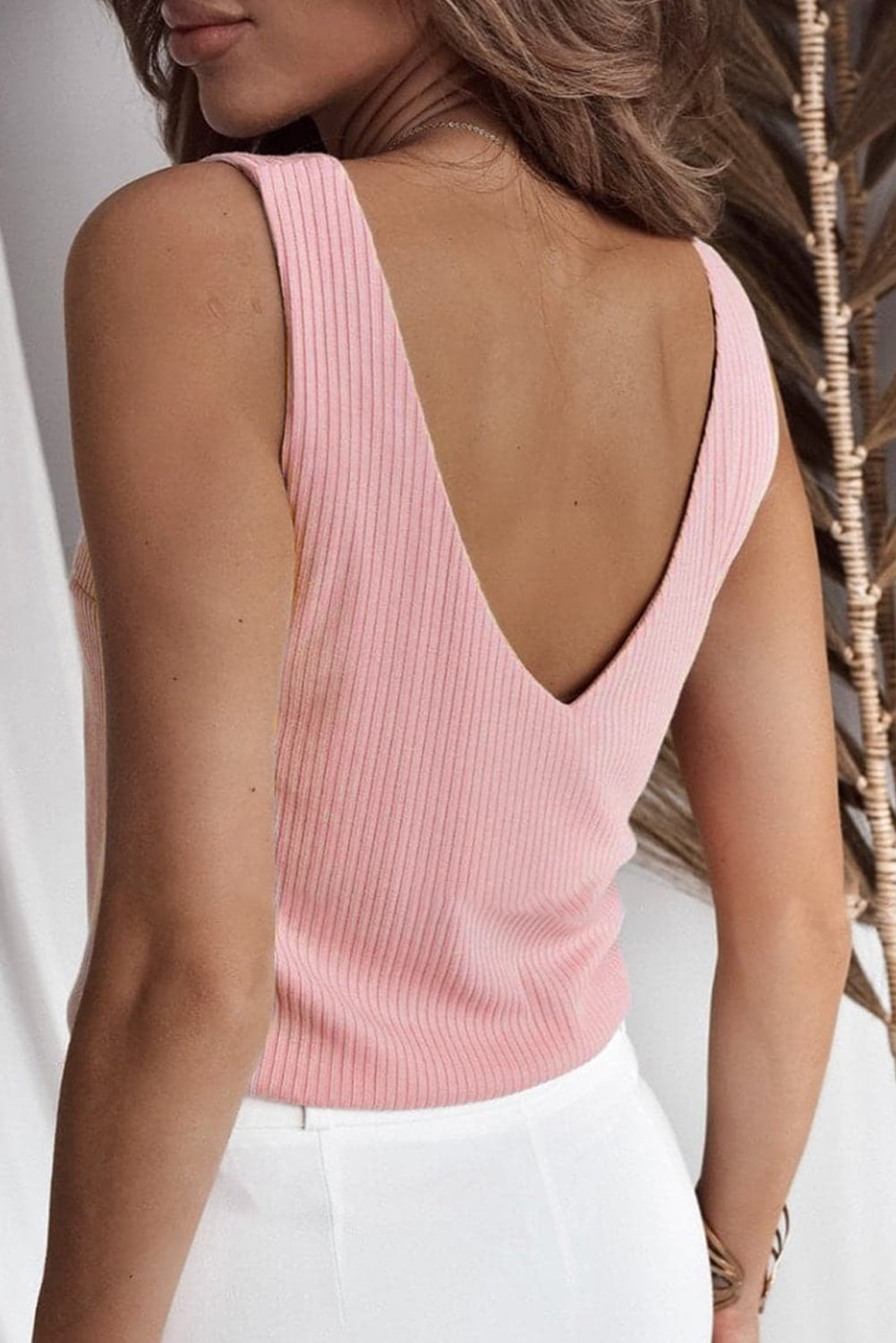 Light Pink V Neck Rib Textured Tank Top