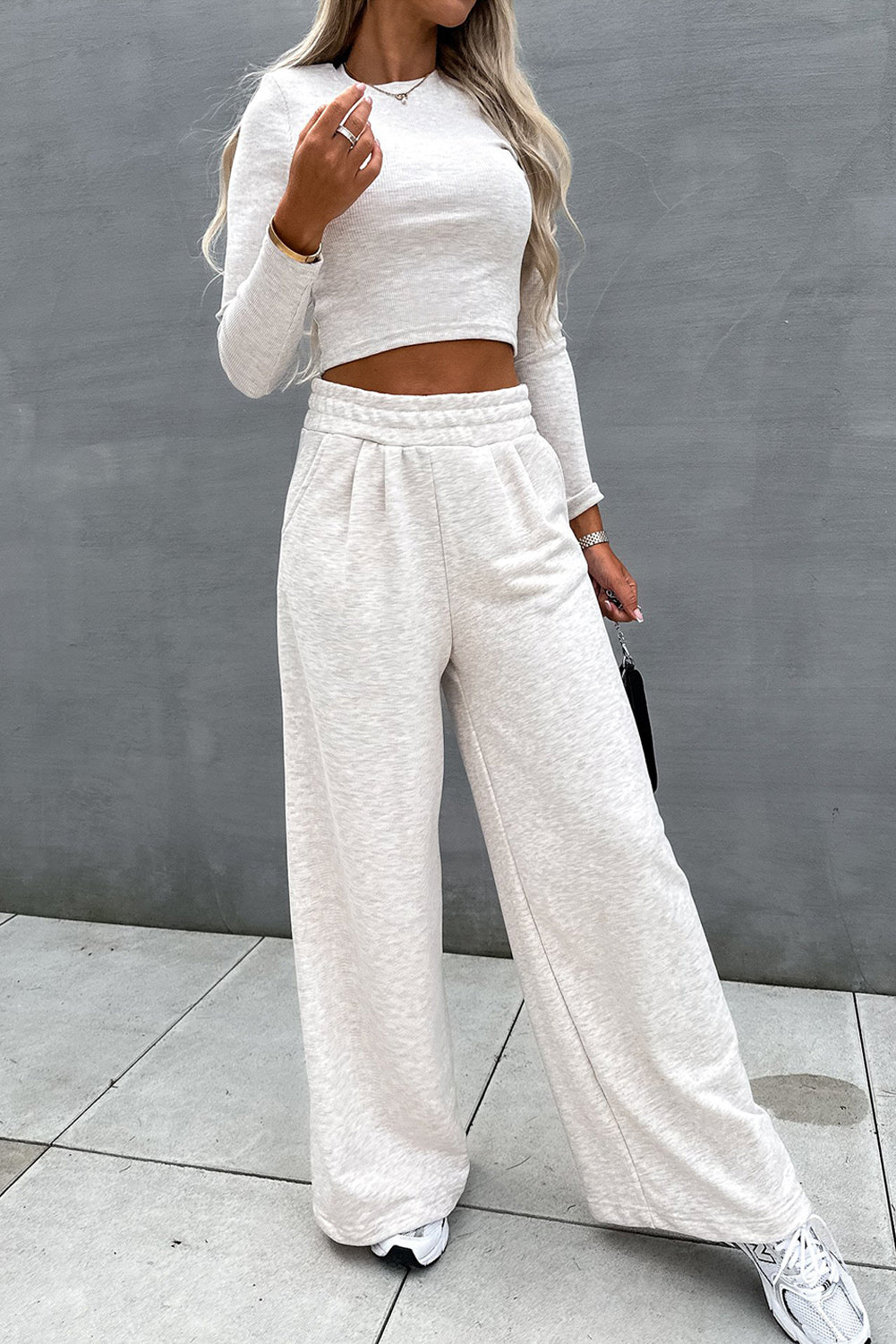 Beige Slim Fit Crop Top and Wide Leg Pants Set