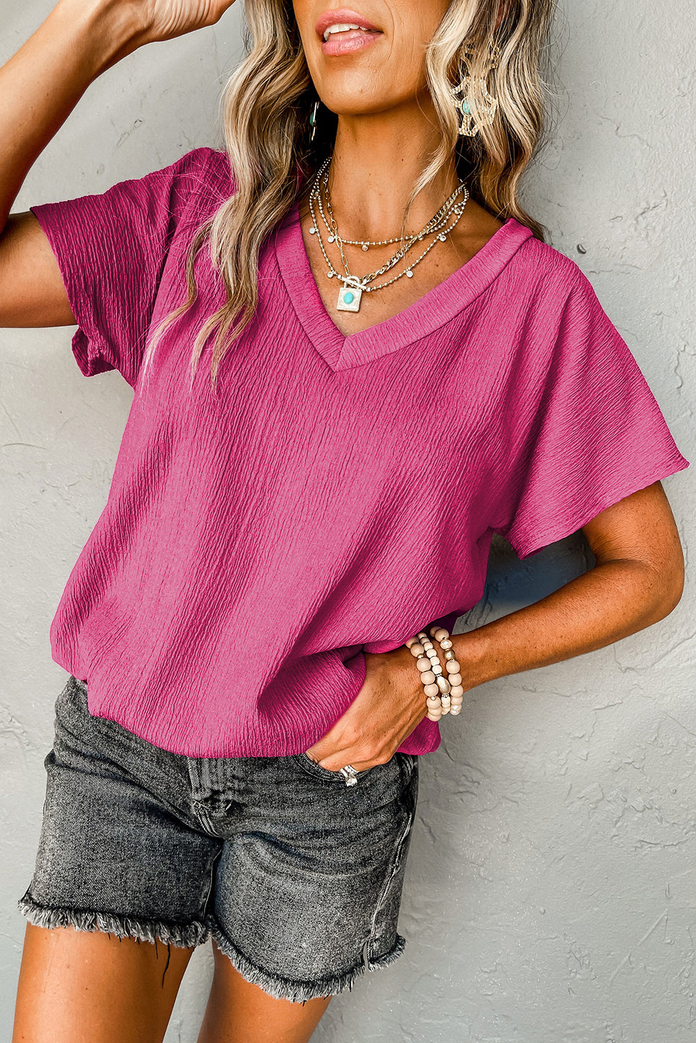 Bright Pink Basic Plain Textured V Neck Blouse