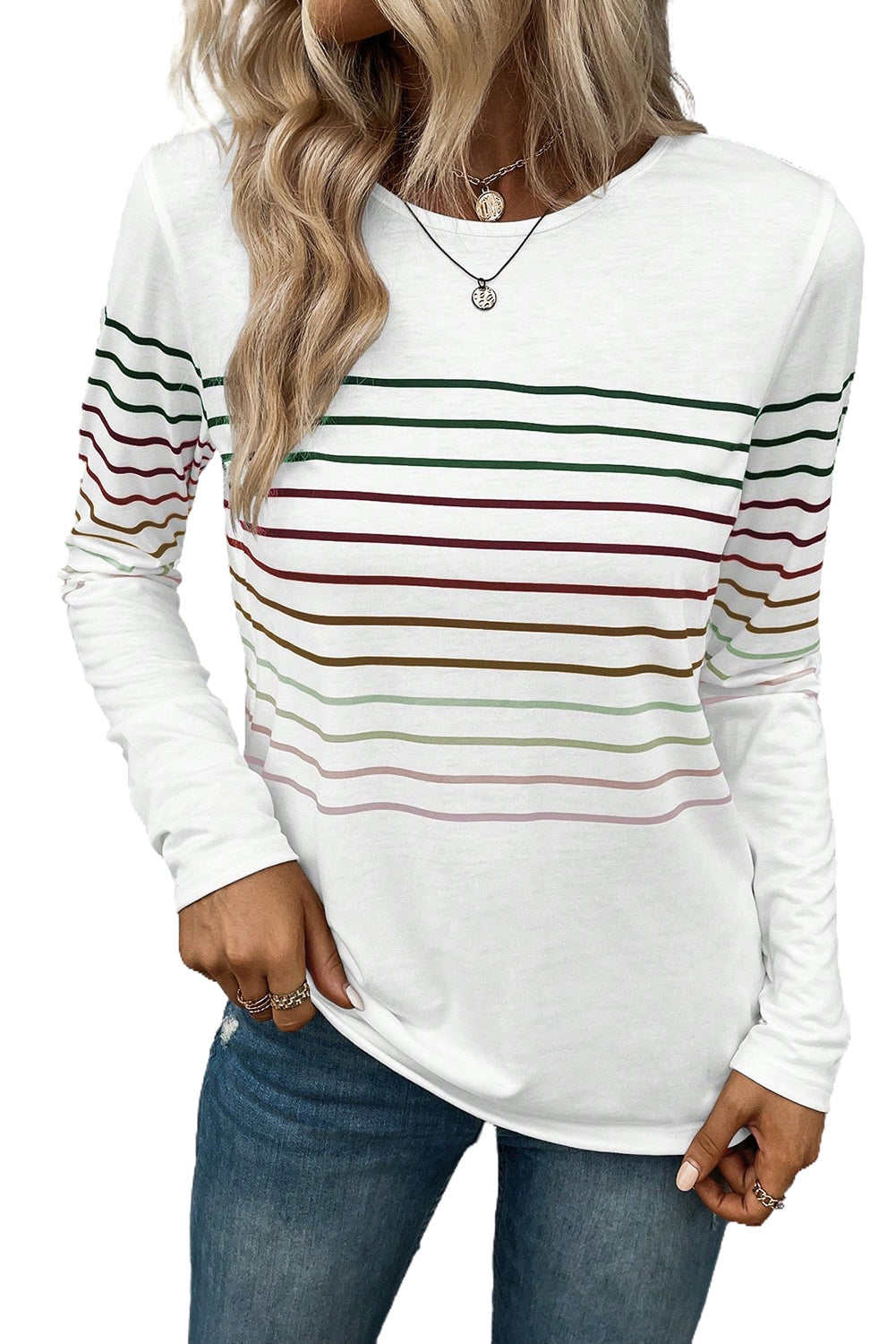 White Colorful Striped Print Long Sleeve Top