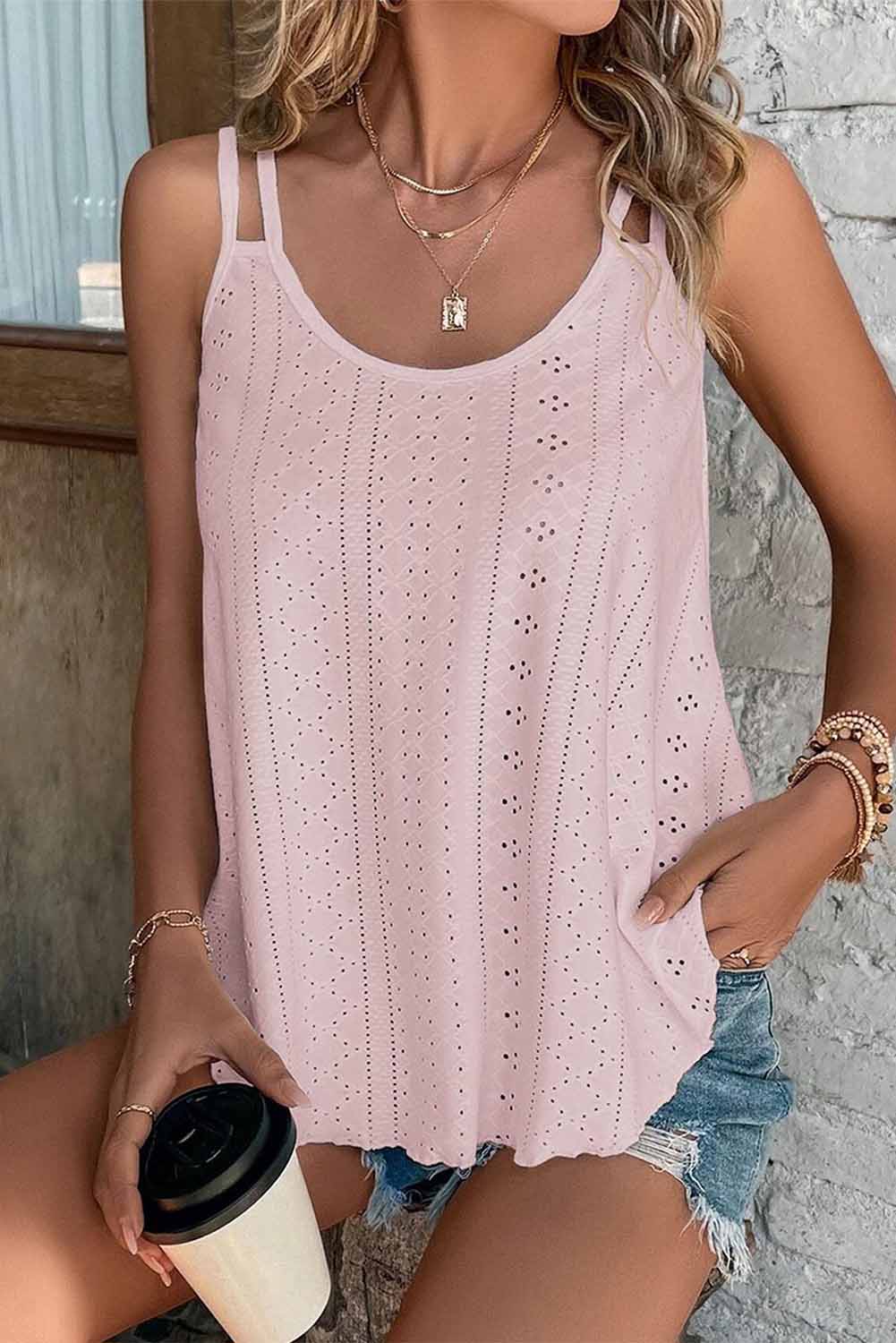 Black Eyelet Strappy Scoop Neck Tank Top