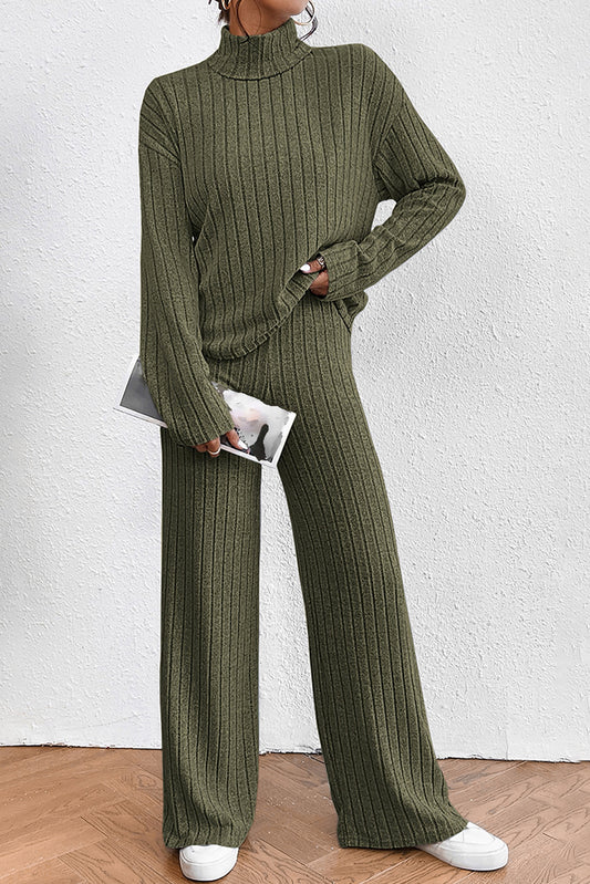 Jungle Green Ribbed Mock Neck Loose Top and Pants Loungewear Set