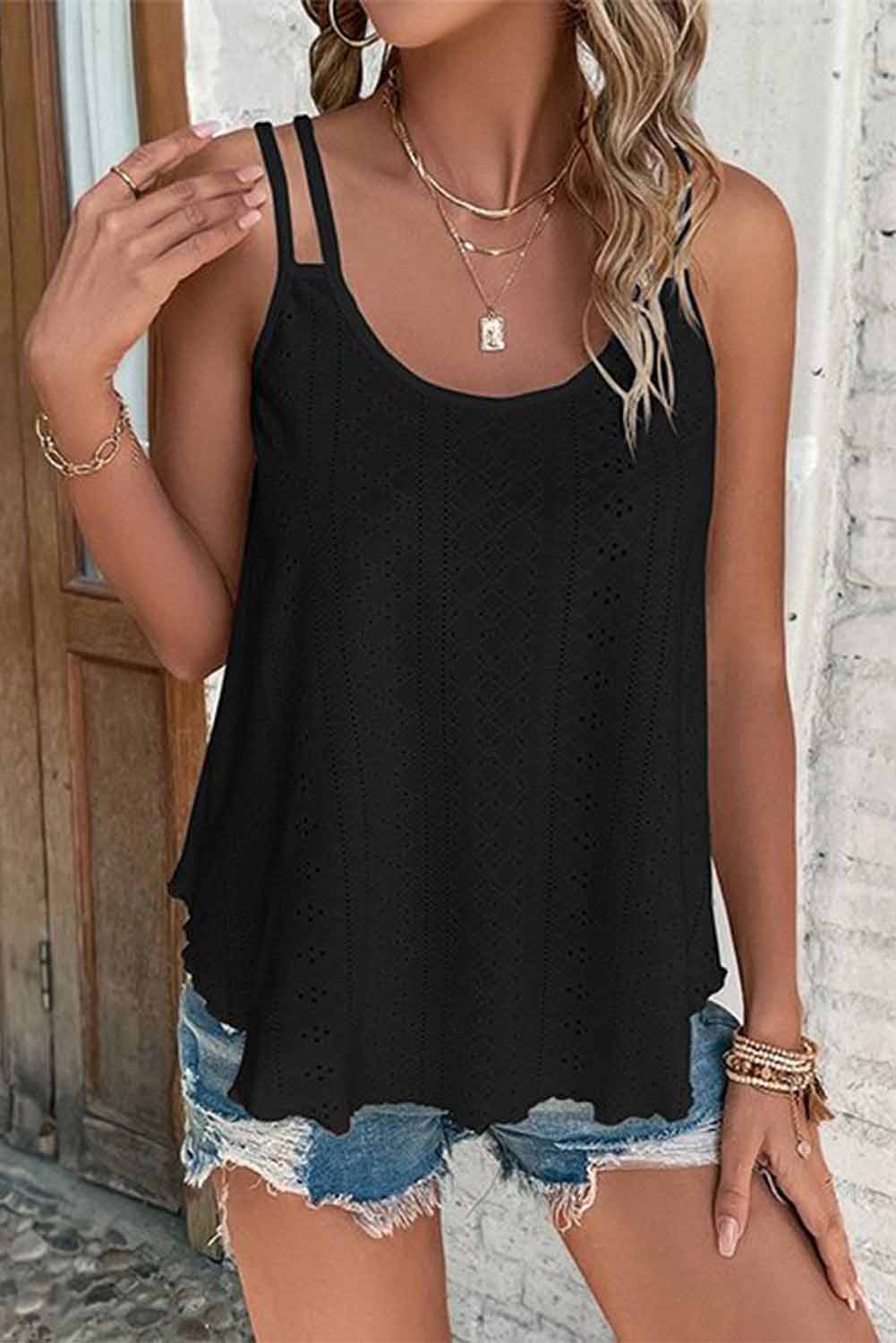 Black Eyelet Strappy Scoop Neck Tank Top