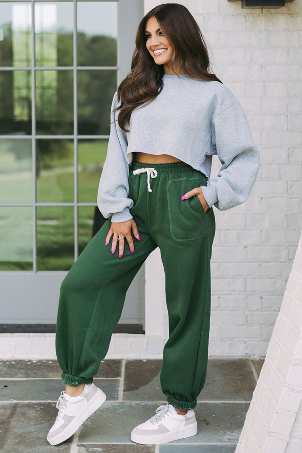 Mist Green Drawstring Waist Casual Jogger Pants