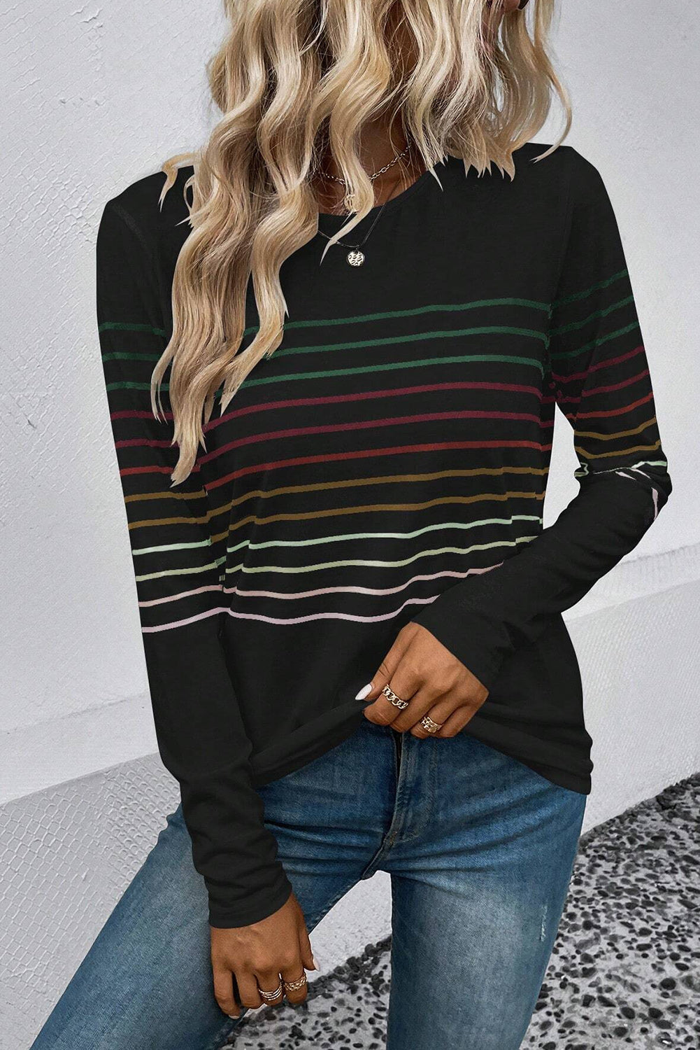 White Colorful Striped Print Long Sleeve Top