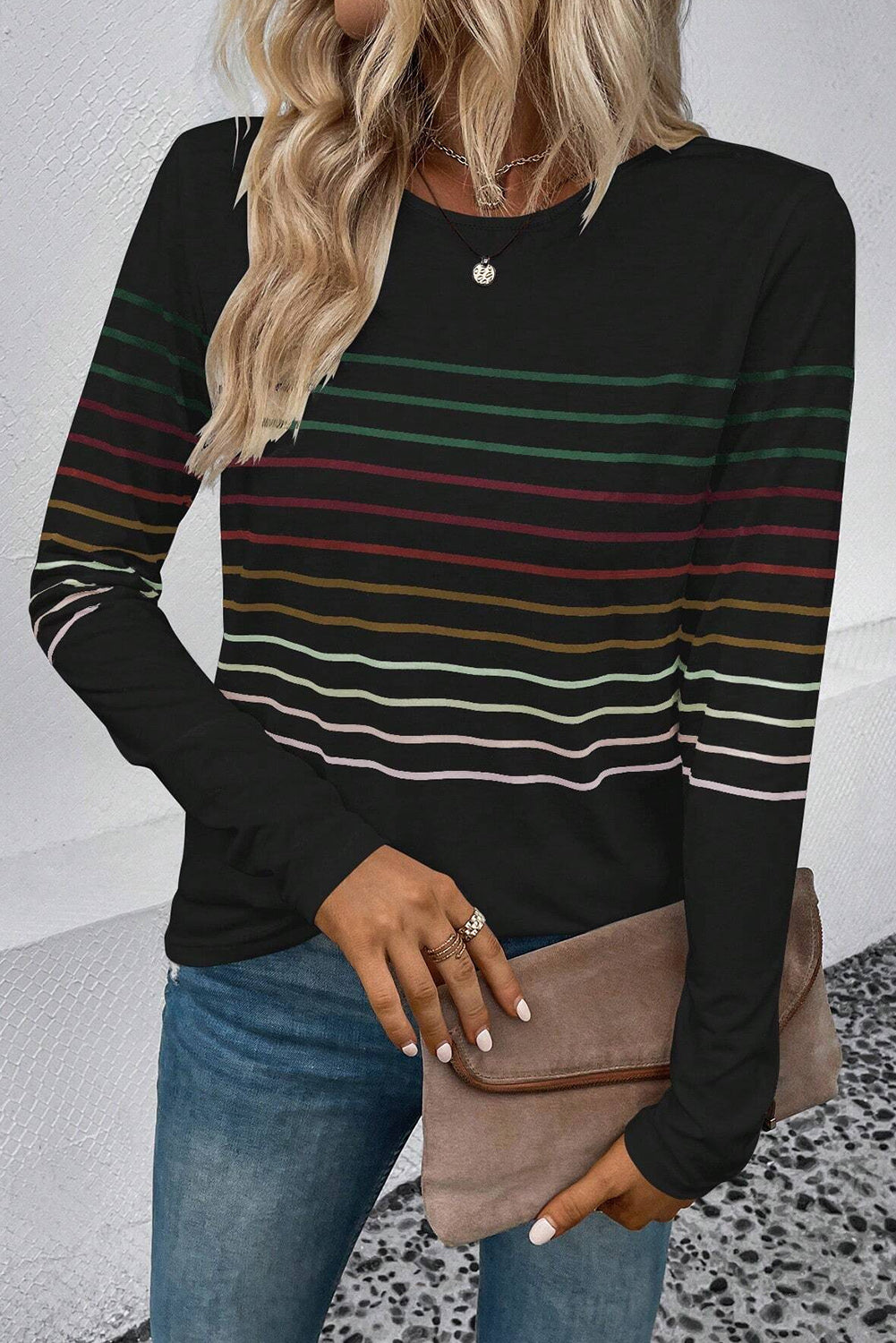 White Colorful Striped Print Long Sleeve Top