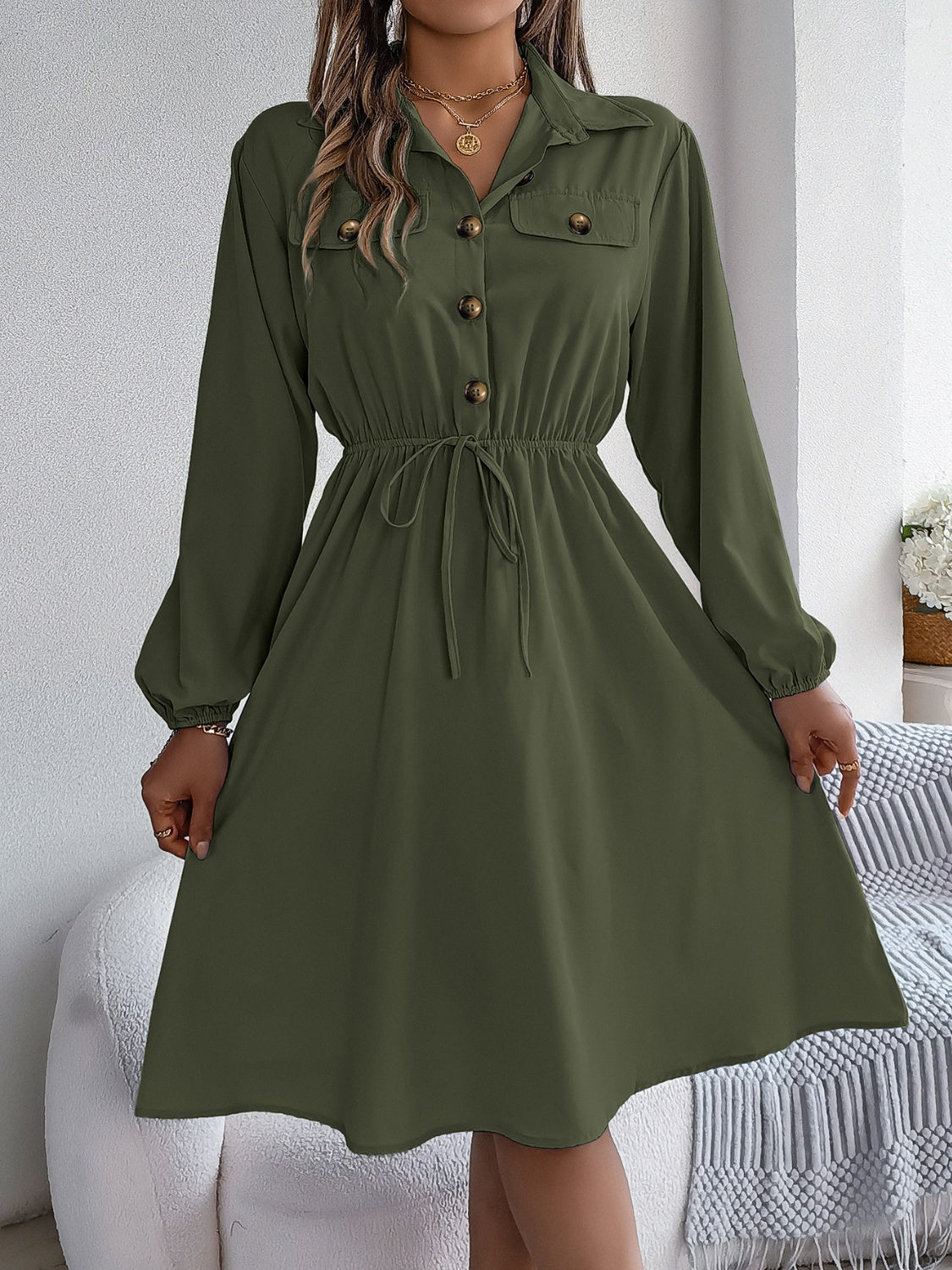 Collared Neck Long Sleeve Dress with Pockets Made Just Like Me Collared Neck Long Sleeve Dress with Pockets Made Just Like Me