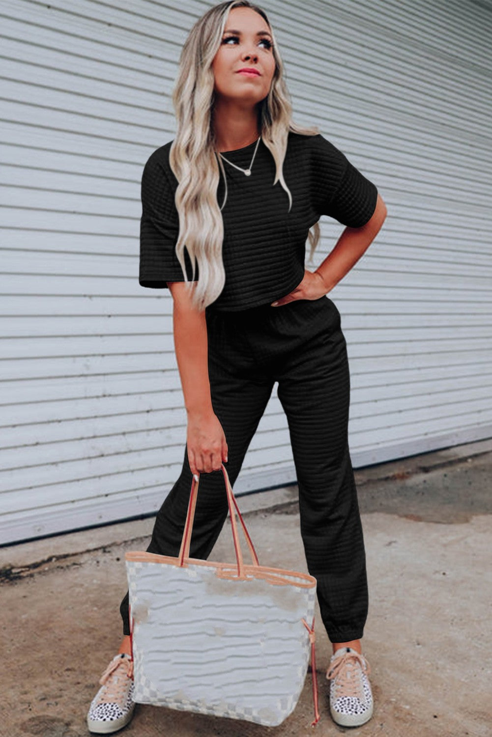 White Lattice Textured Cropped Tee and Jogger Pants Set