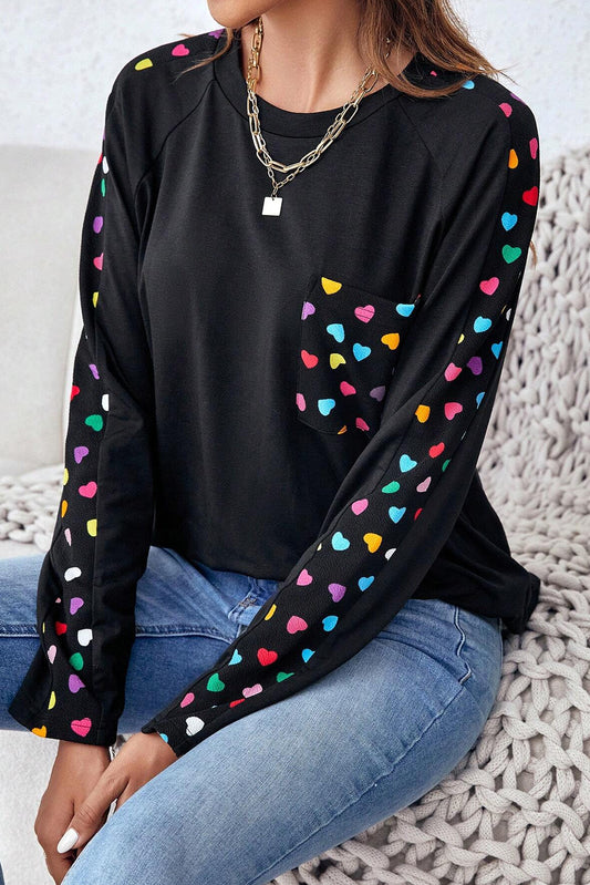 Black Colorful Heart Print Raglan Sleeve Patched Pocket Top