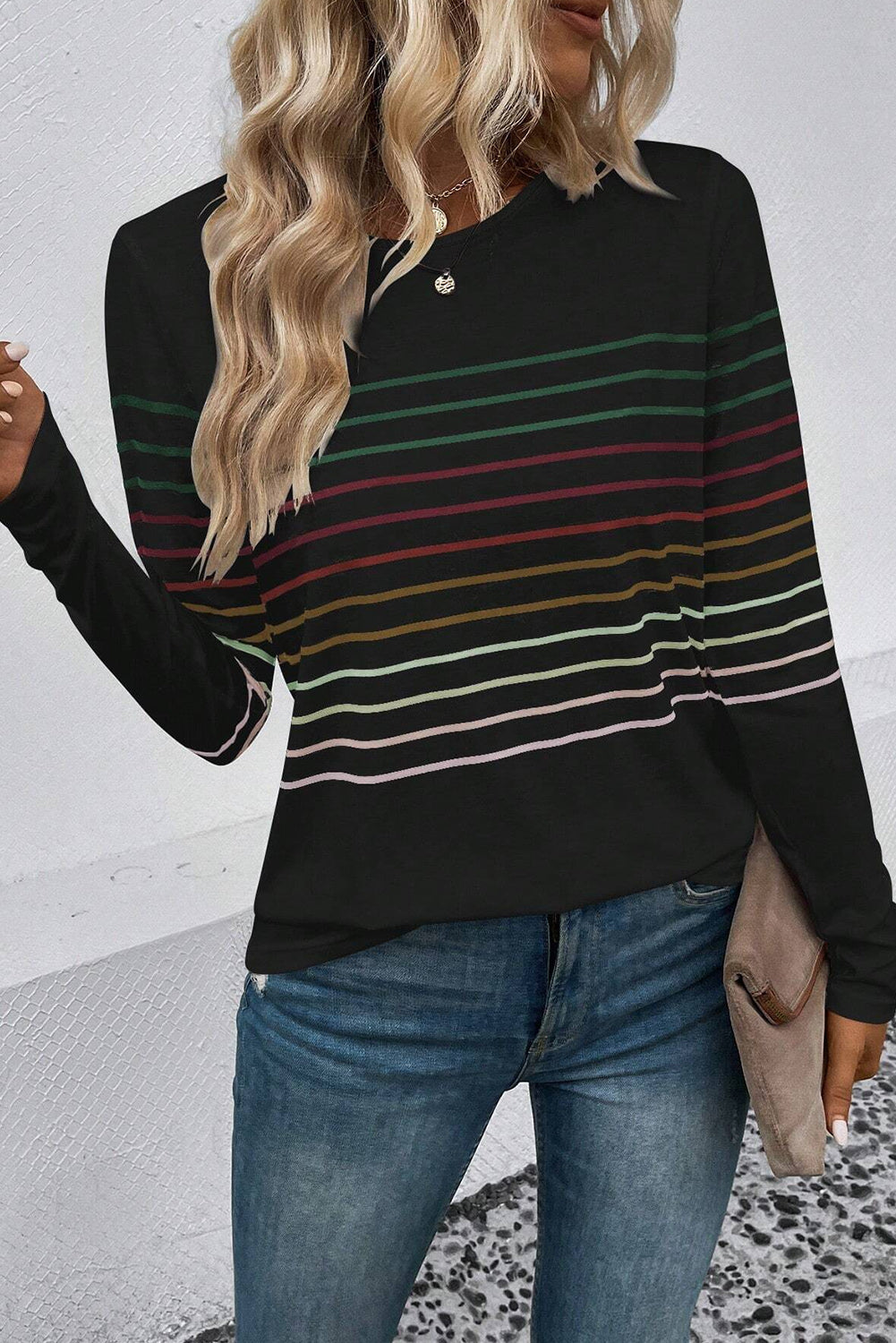 White Colorful Striped Print Long Sleeve Top