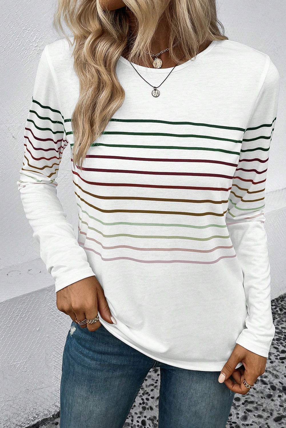 White Colorful Striped Print Long Sleeve Top