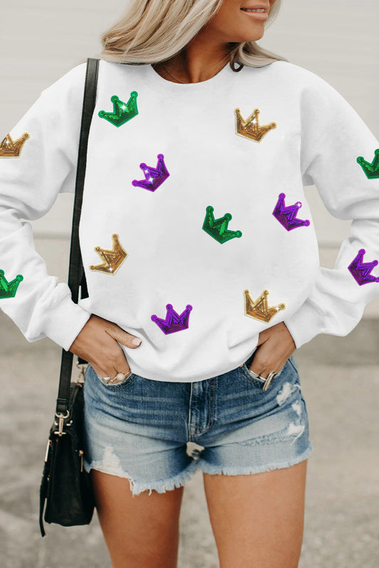 White MARDI GRAS Crown Graphic Drop Shoulder Sweatshirt