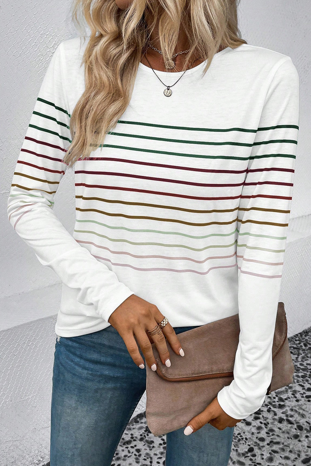 White Colorful Striped Print Long Sleeve Top