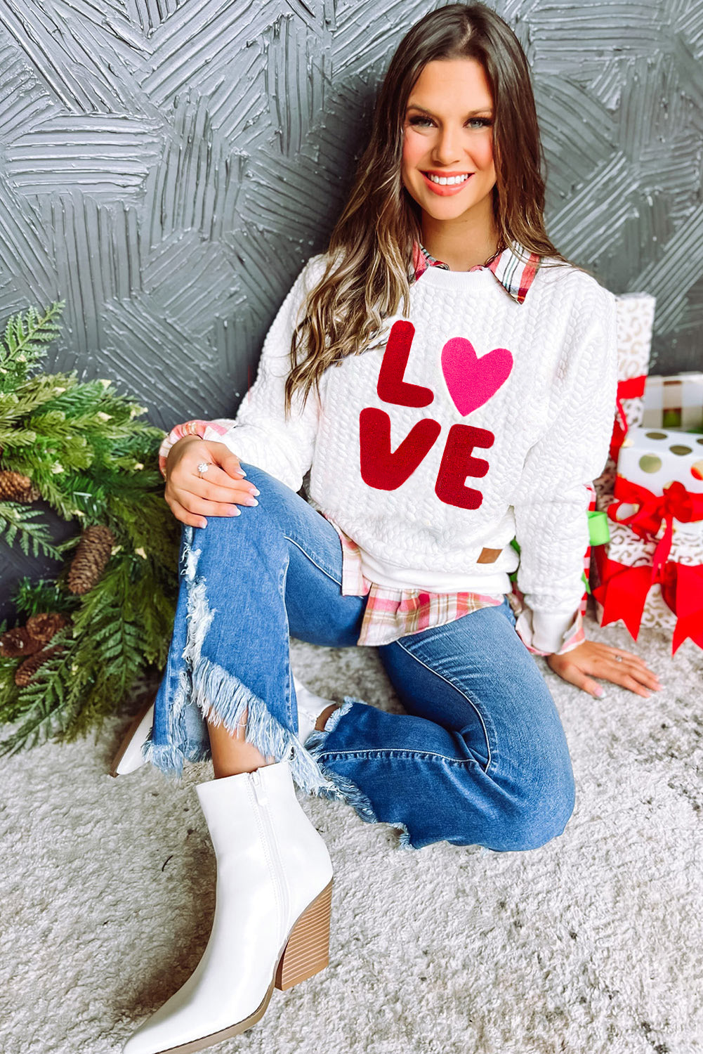 White Quilted Valentine Love Heart Shape Graphic Sweatshirt