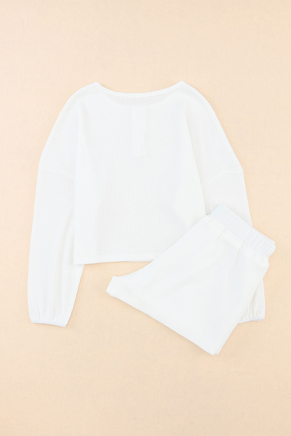 White Waffle Knit Buttoned Long Sleeve Crop & Shorts Lounge Set