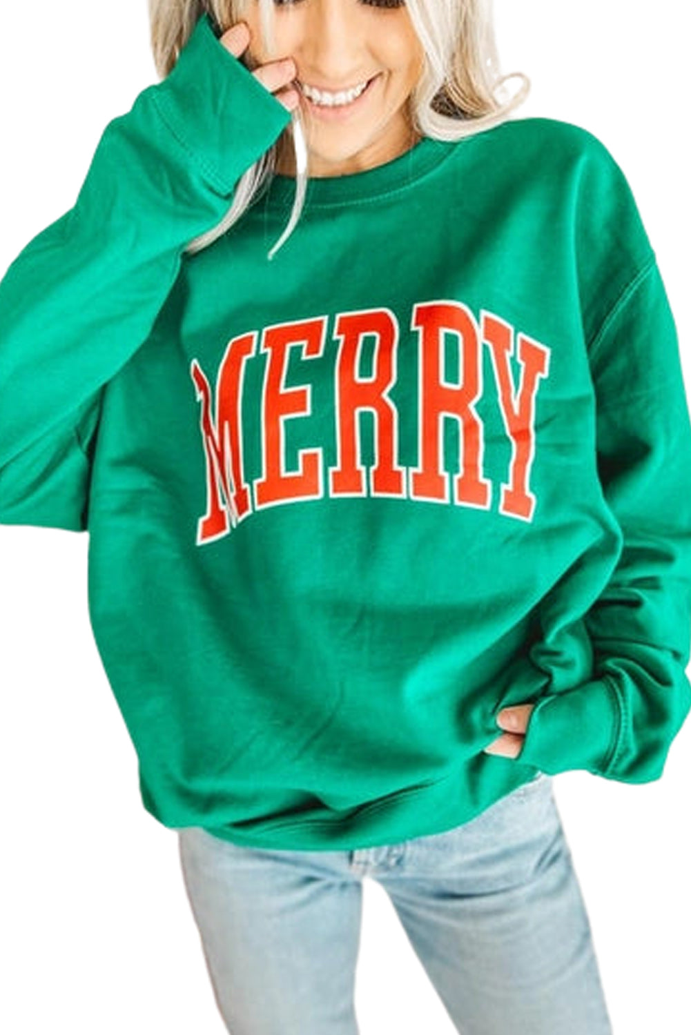 Green Lucky Letter Embroidery Print Drop Sleeve Sweatshirt