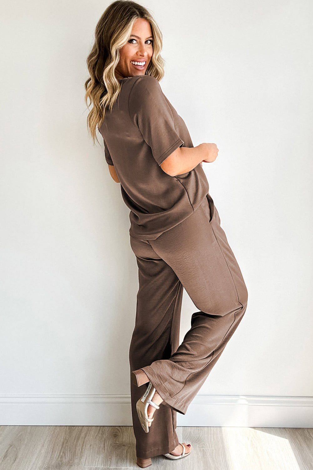 Smoke Gray Solid Color T-Shirt and Wide Leg Pants Set