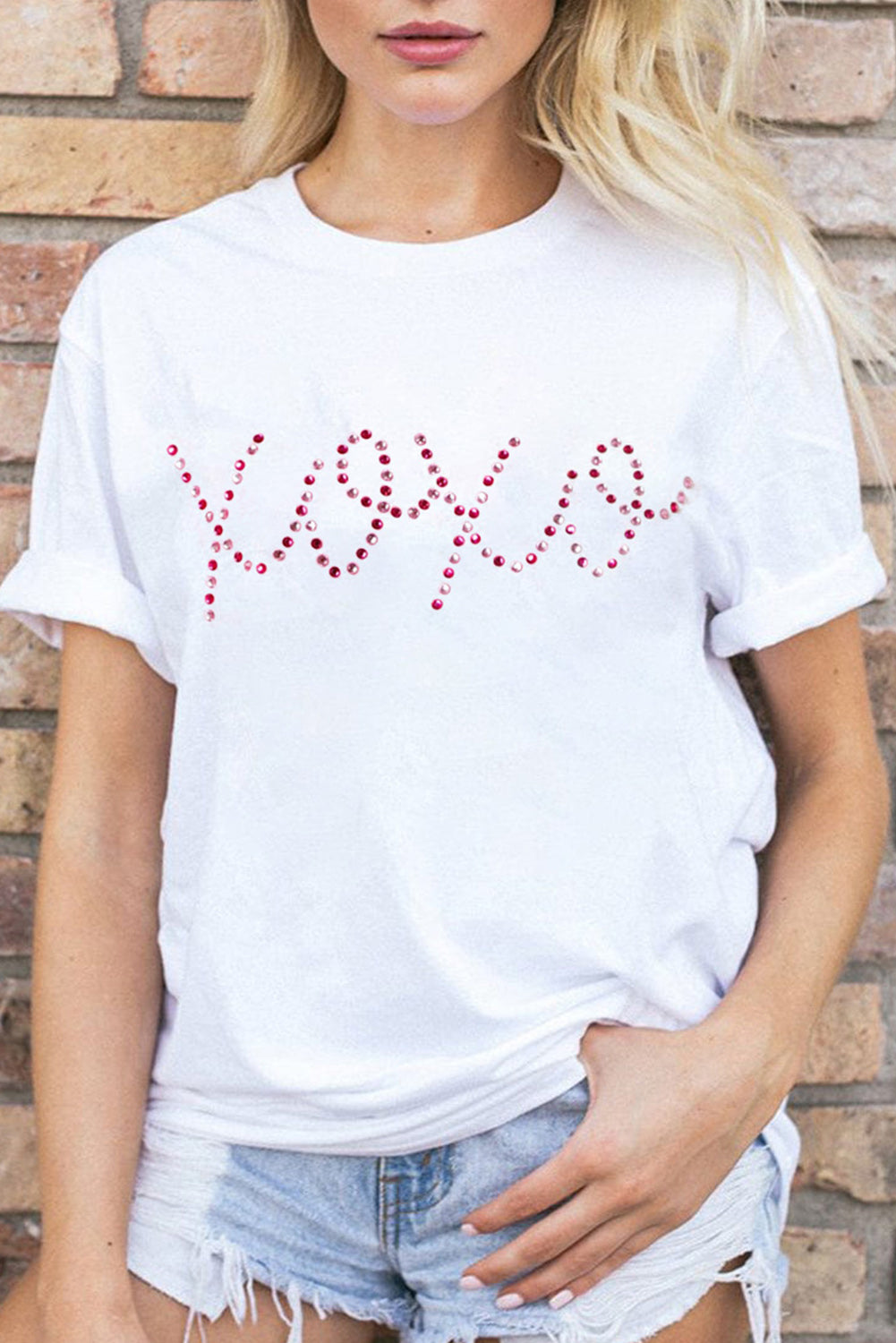 White Valentines Rhinestone XOXO Graphic Crewneck Tee