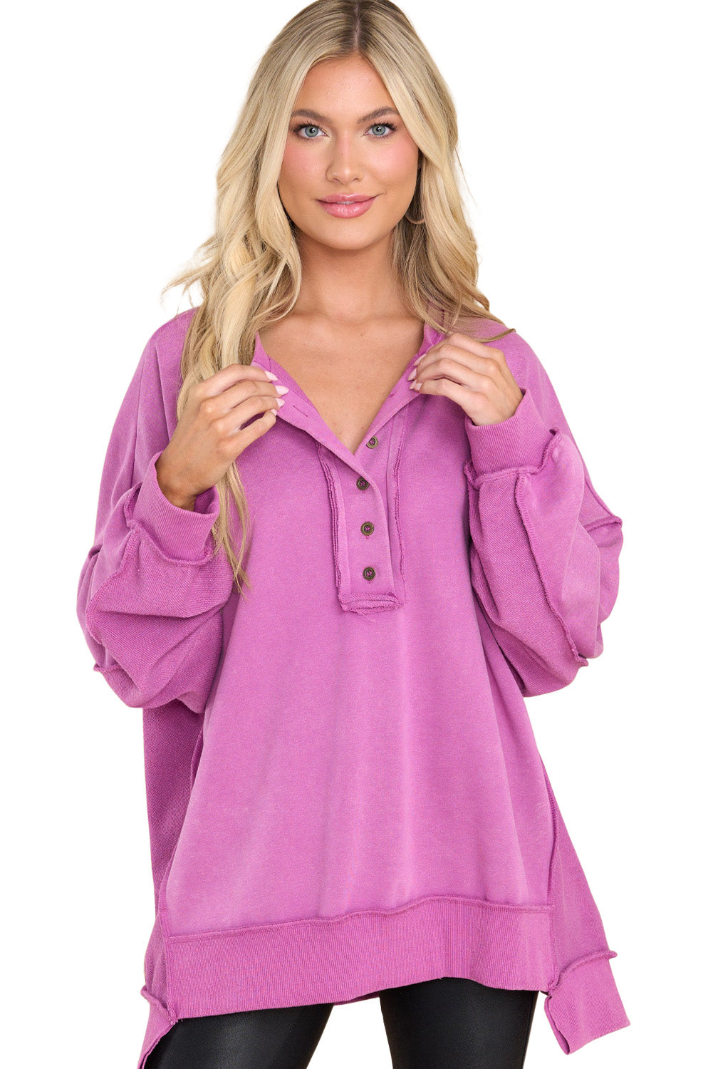 Purple Patchwork Exposed Seam Henley Sweatshirt
