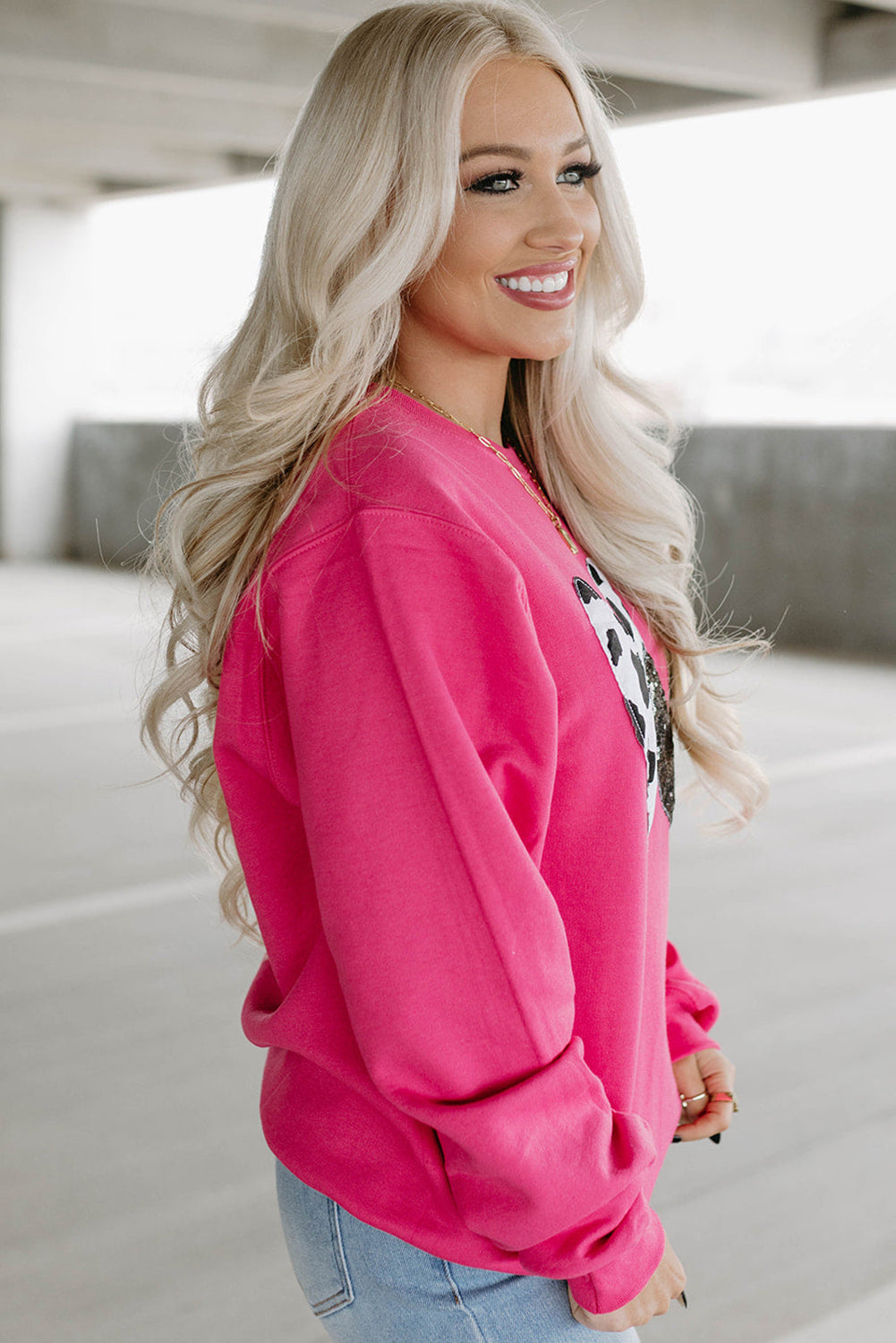 Strawberry Pink Sequins Heart Patch Graphic Sweatshirt