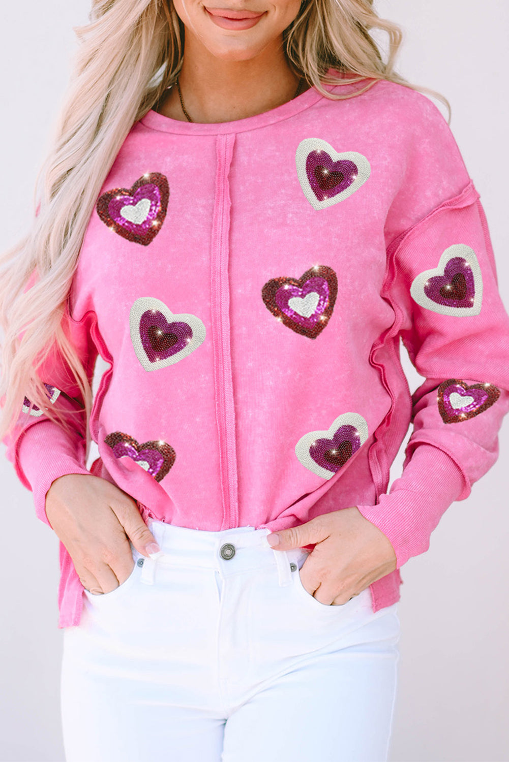 Rose Sequin Heart Printed Exposed Seam Graphic Sweatshirt