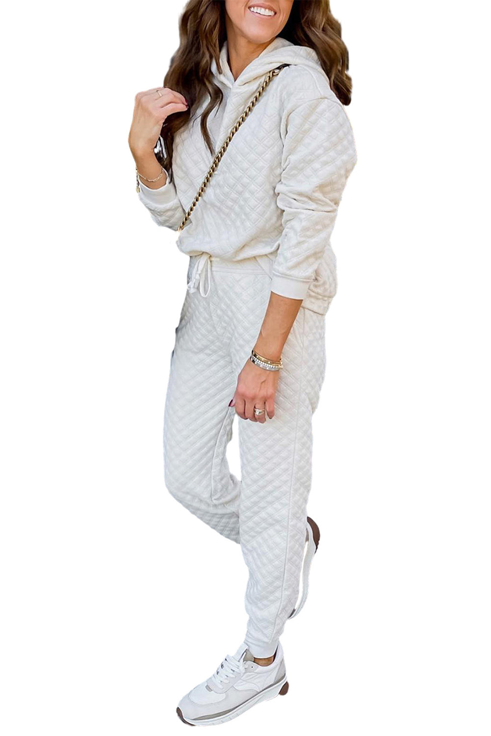 White Quilted Hoodie and Drawstring Jogger Pants Set