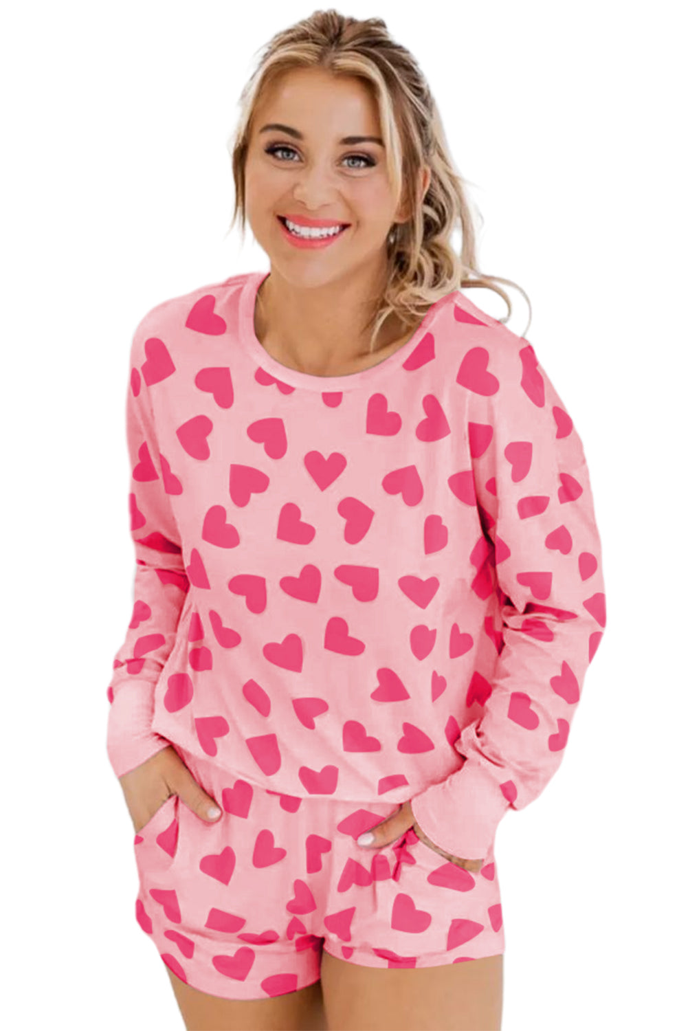 Pink Heart Print Long Sleeve Top and Shorts Loungewear Set