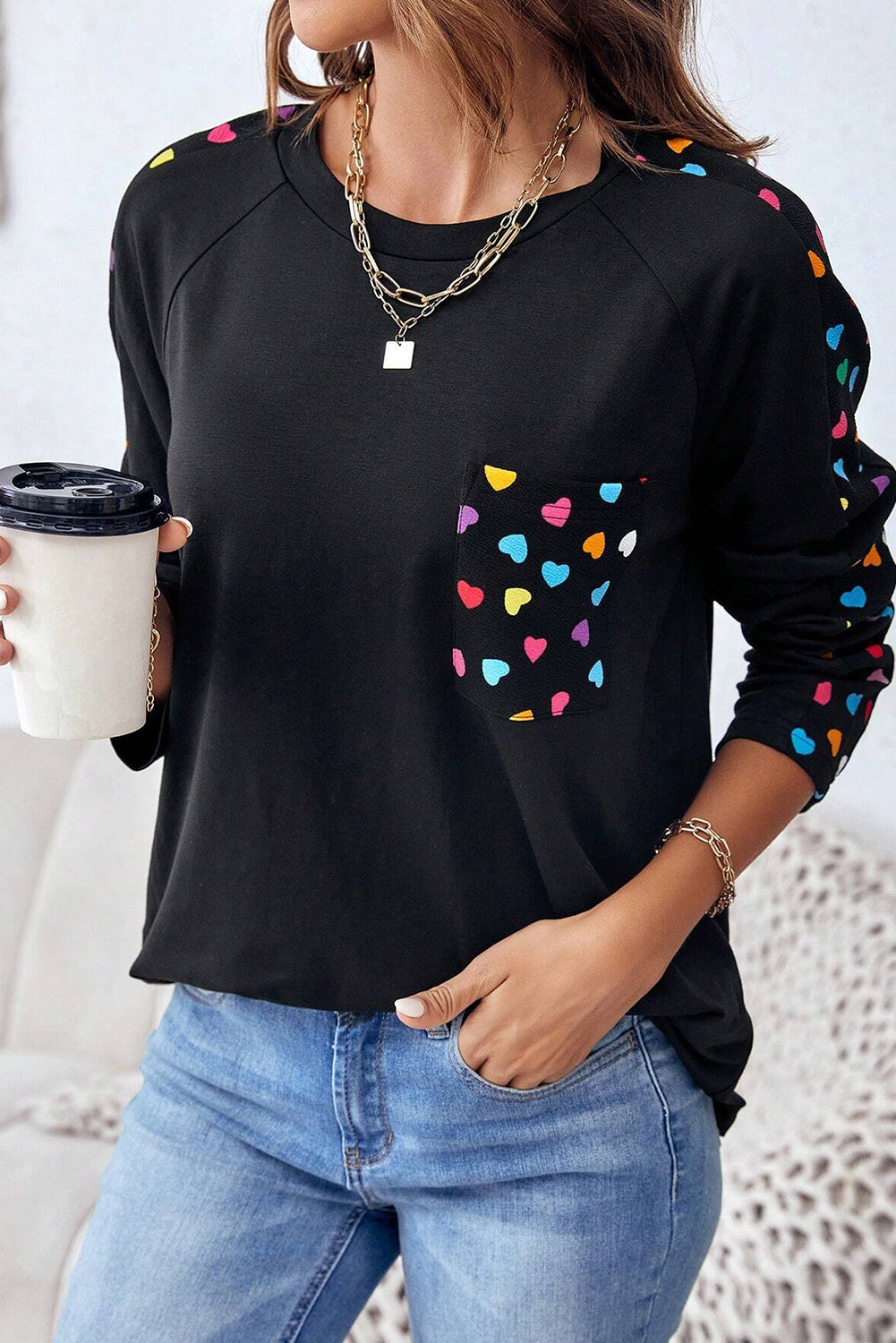 Black Colorful Heart Print Raglan Sleeve Patched Pocket Top