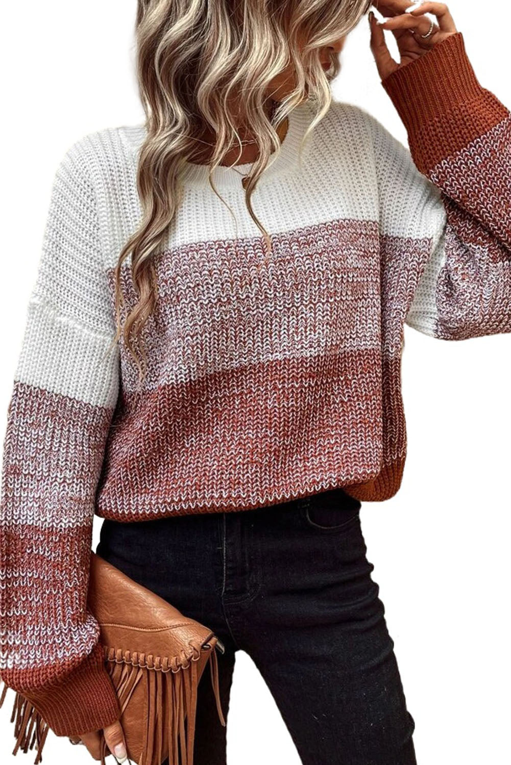 Brown Color Block Drop Shoulder Ribbed Trim Sweater