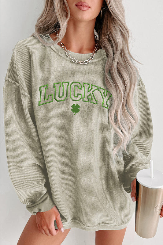 Green LUCKY Clover Graphic Corded Crewneck Sweatshirt