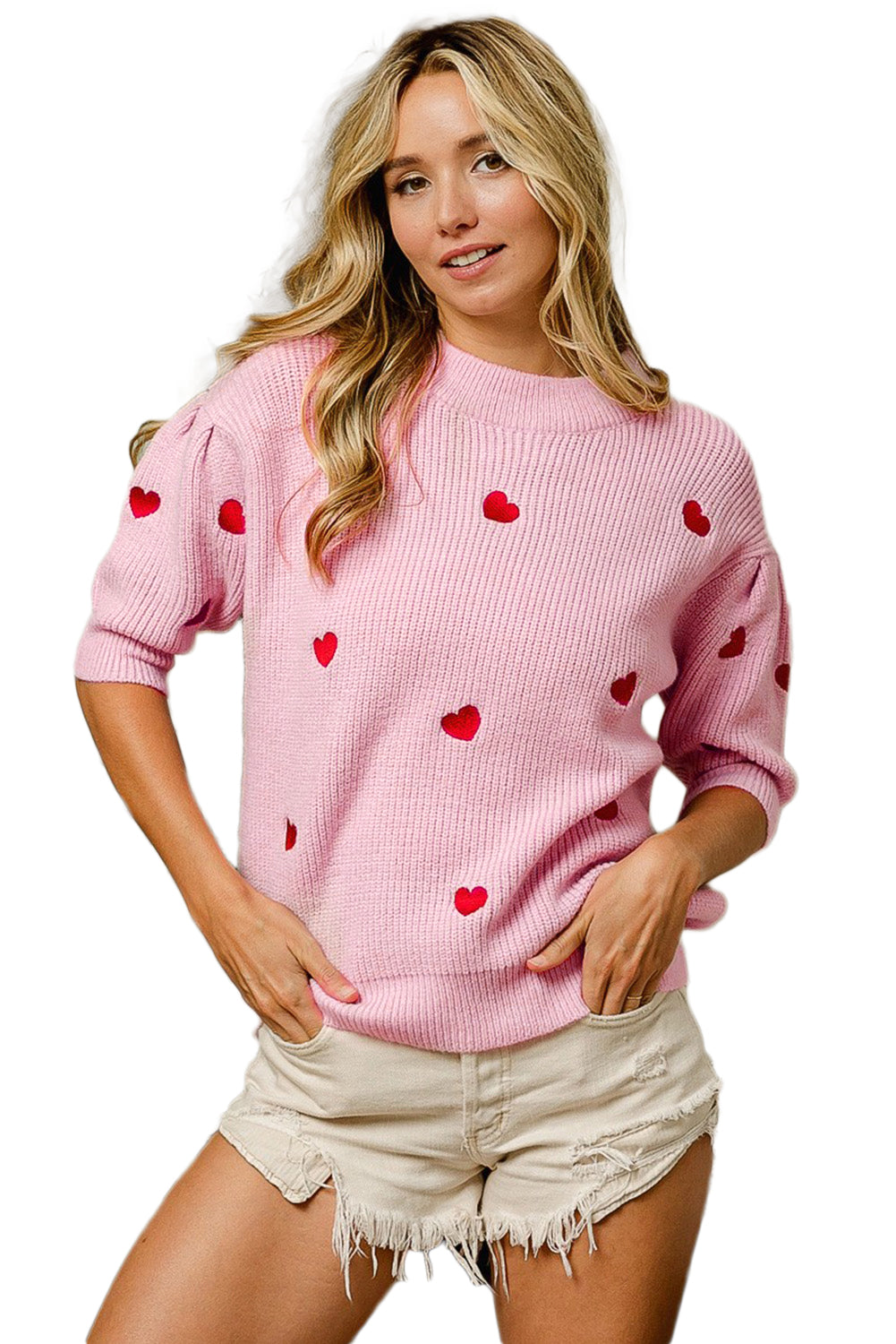 Pink Valentine Heart Puff Sleeve Knitted Sweater