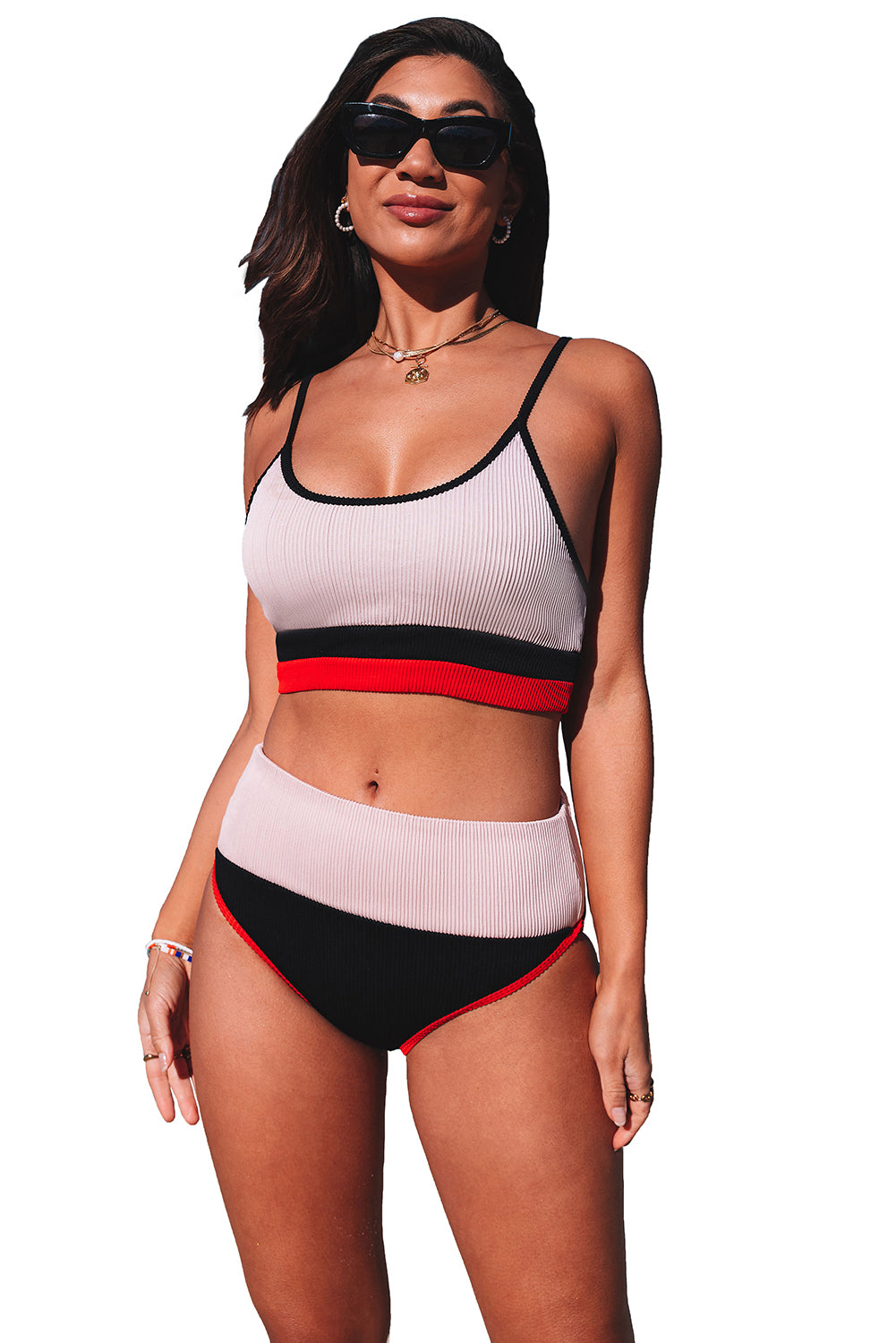 Apricot Colorblock Spaghetti Straps Ribbed High Waist Two Piece Swimsuit