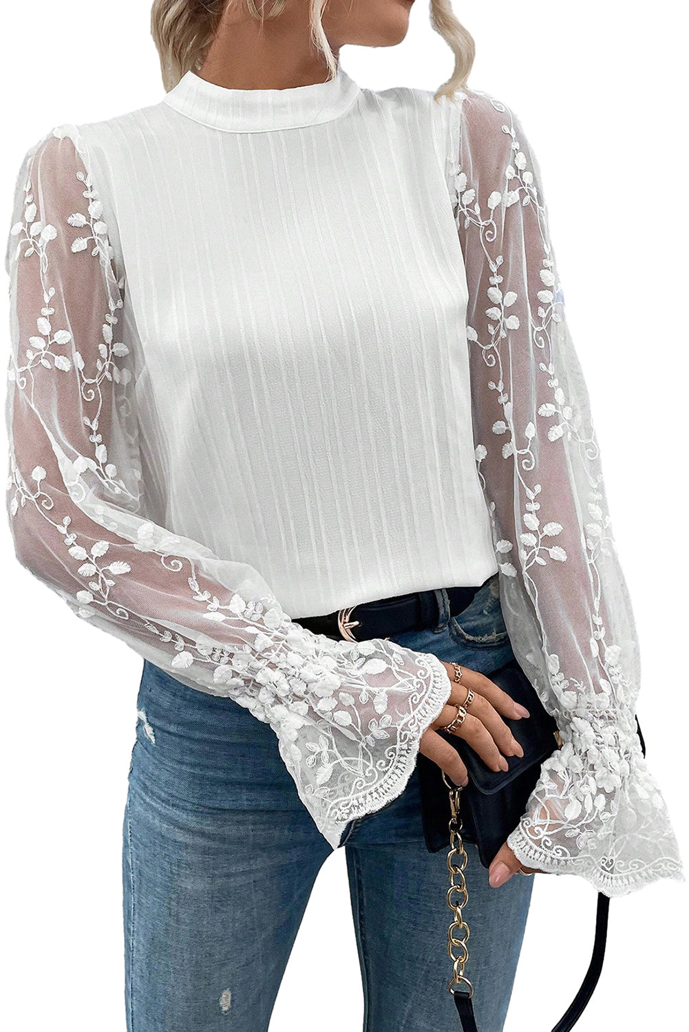 White Textured Contrast Lace Sleeve Mock Neck Blouse