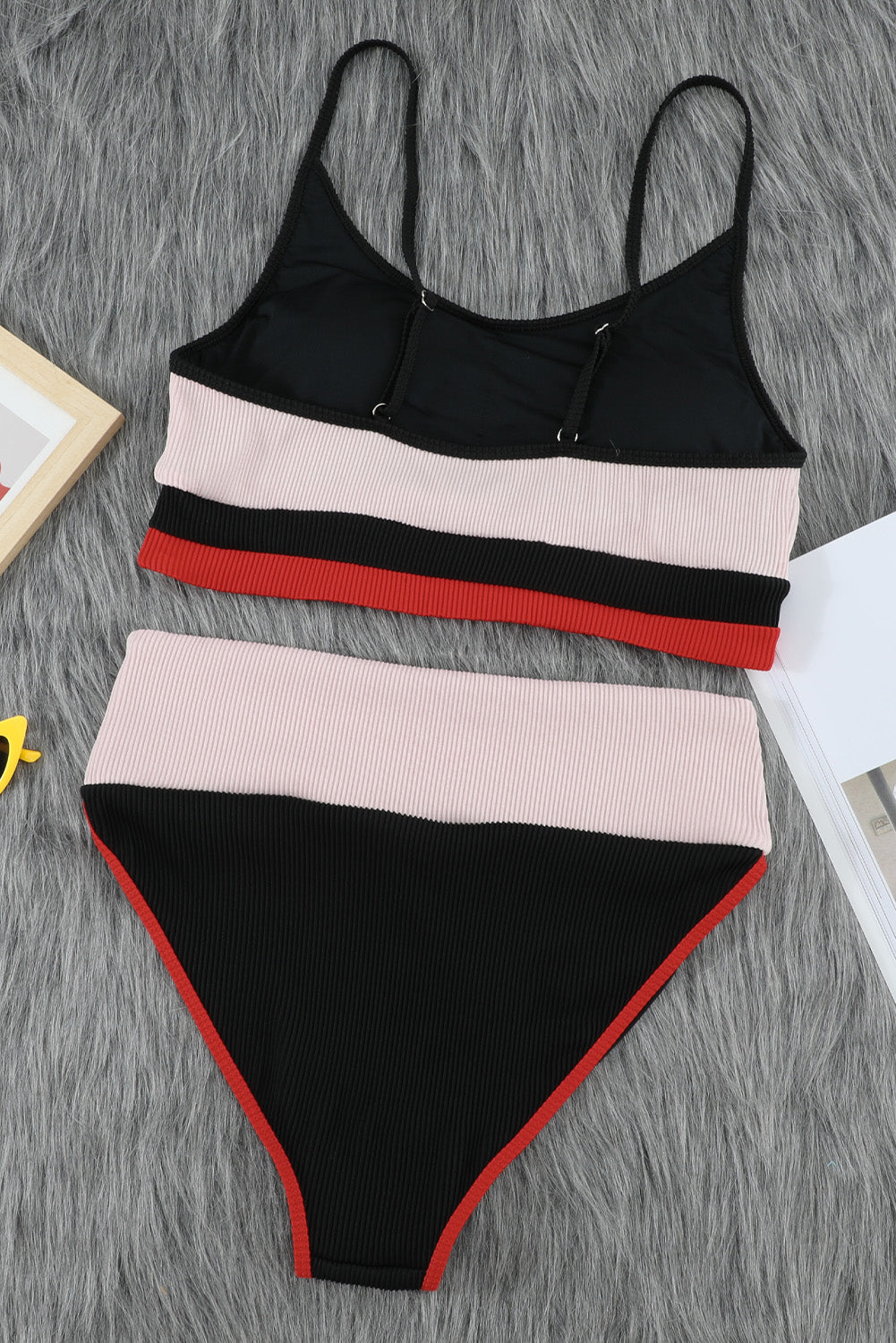 Apricot Colorblock Spaghetti Straps Ribbed High Waist Two Piece Swimsuit