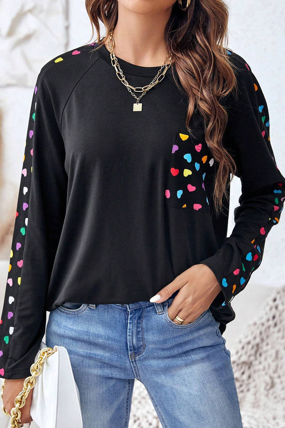 Black Colorful Heart Print Raglan Sleeve Patched Pocket Top