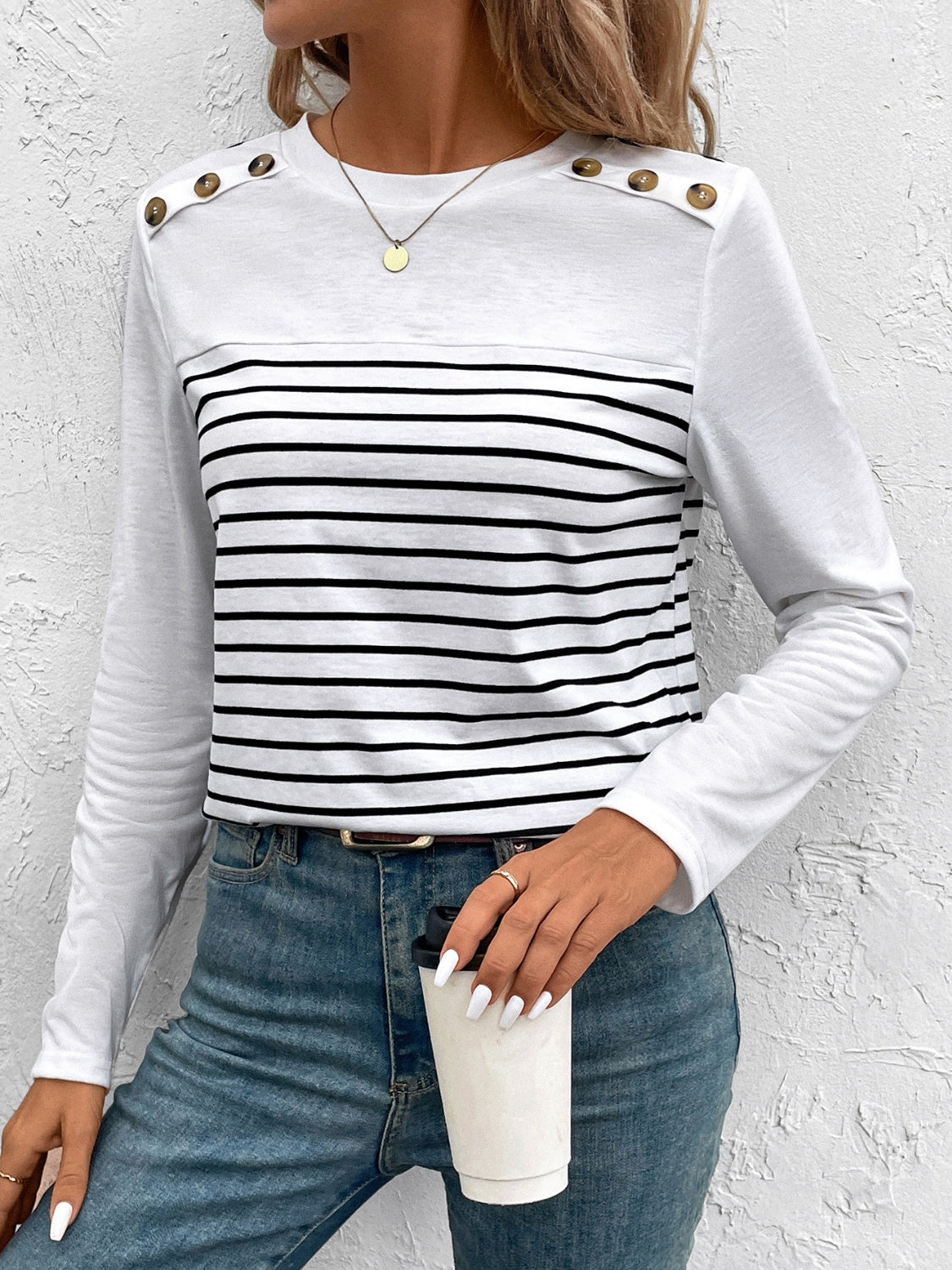 Decorative Button Striped Round Neck Long Sleeve T-Shirt