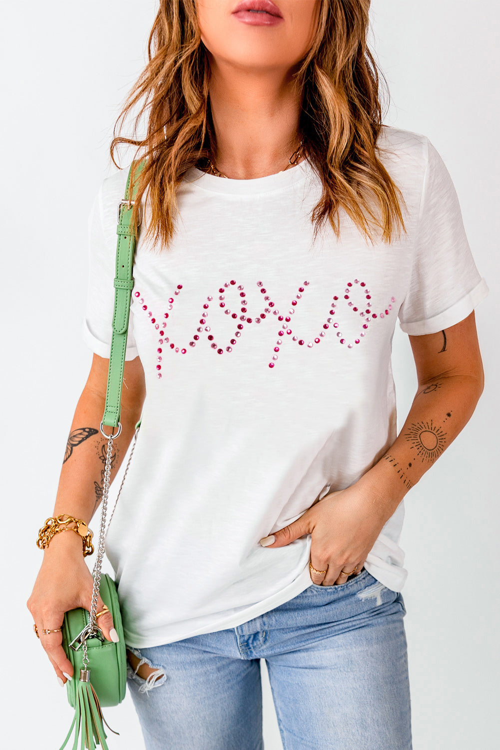 White Valentines Rhinestone XOXO Graphic Crewneck Tee