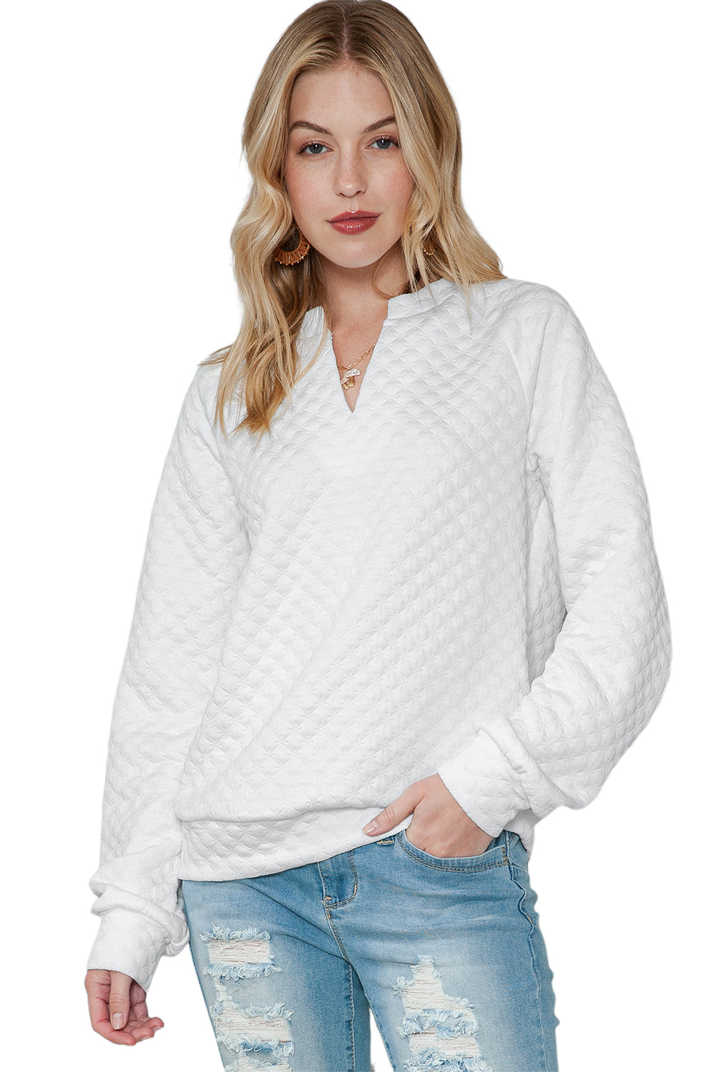 White Quilted V-Neck Solid Color Long Sleeve Top