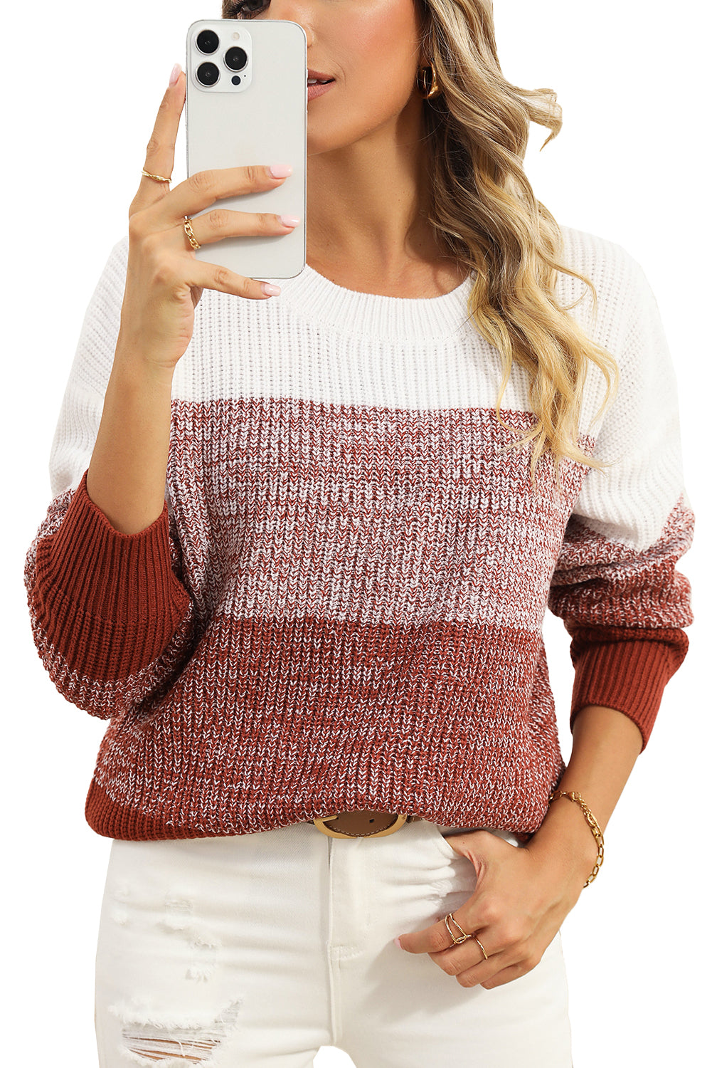 Brown Color Block Drop Shoulder Ribbed Trim Sweater