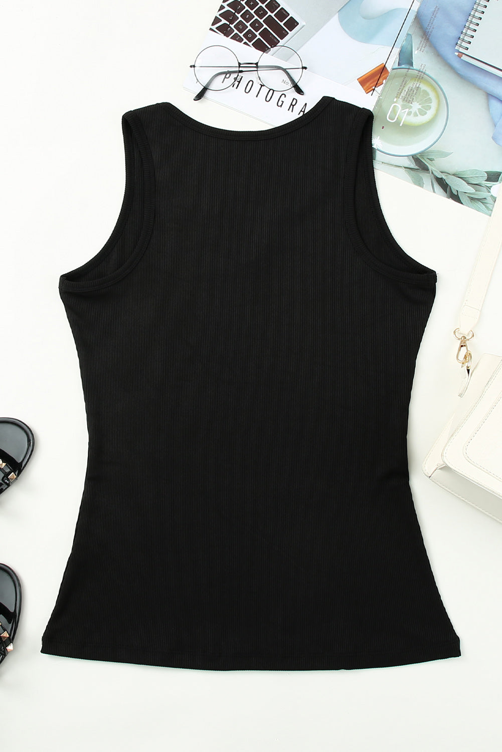 Rose Basic Split Neck Ribbed Knit Tank Top