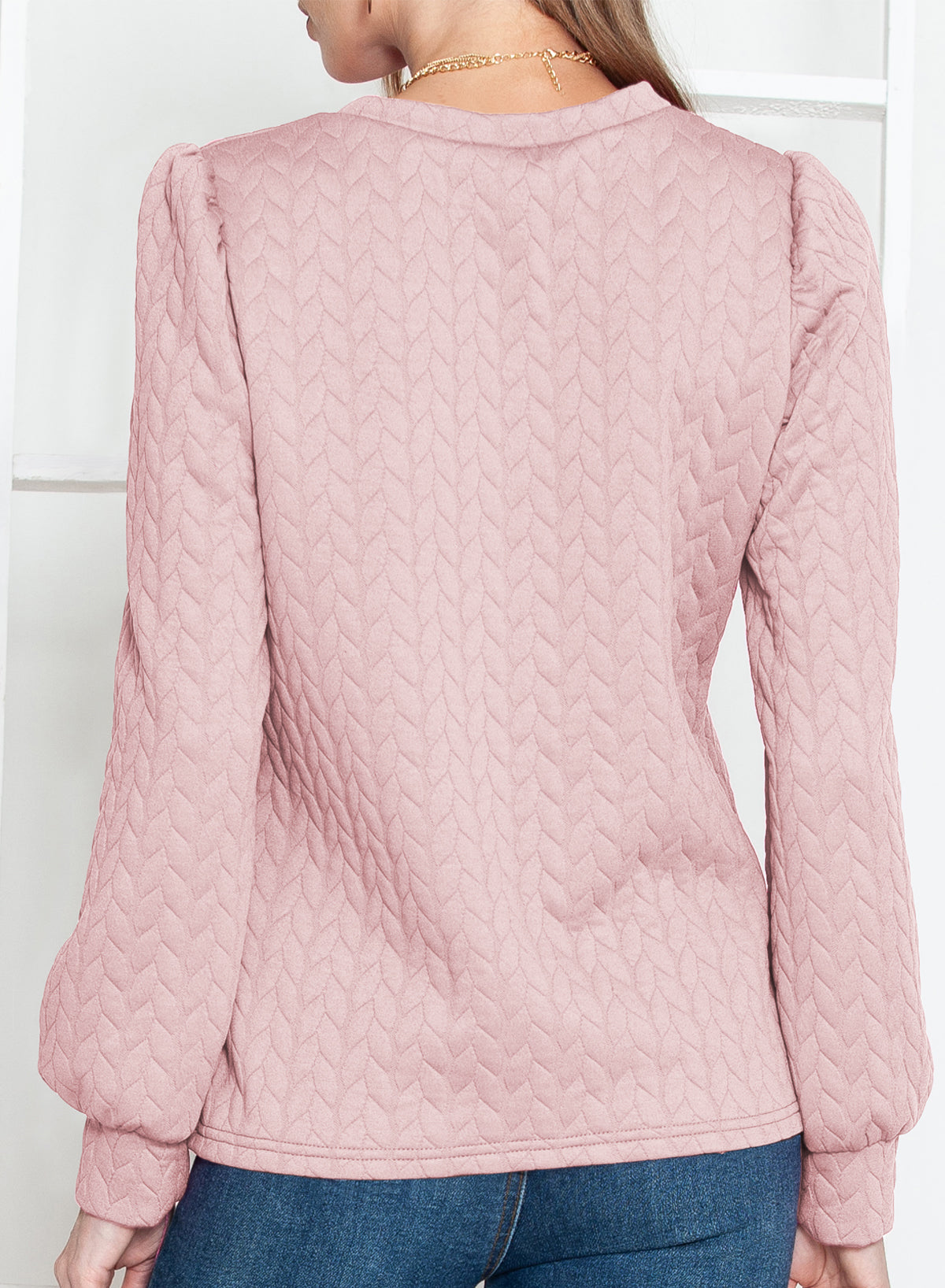 Rosy Waffle Quilted Puff Sleeve Sweatshirt