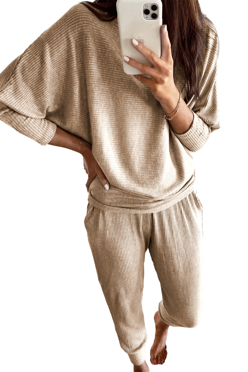 Light Grey Ribbed Dolman Sleeve Top And Pocketed Pants Set