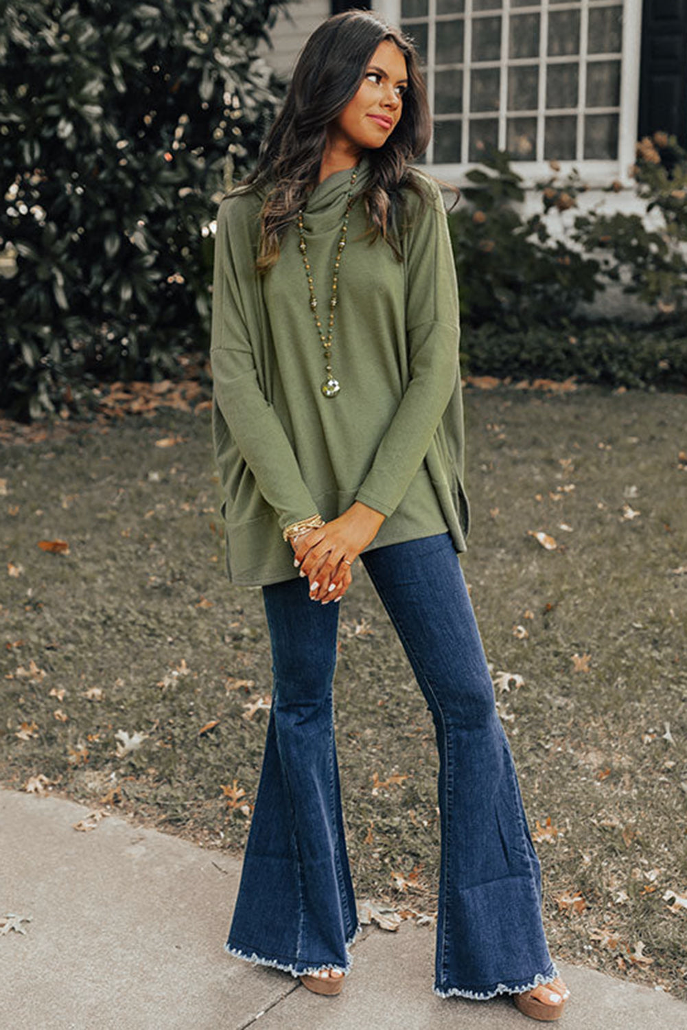 Green Cowl Neck Loose Fit Tunic Top