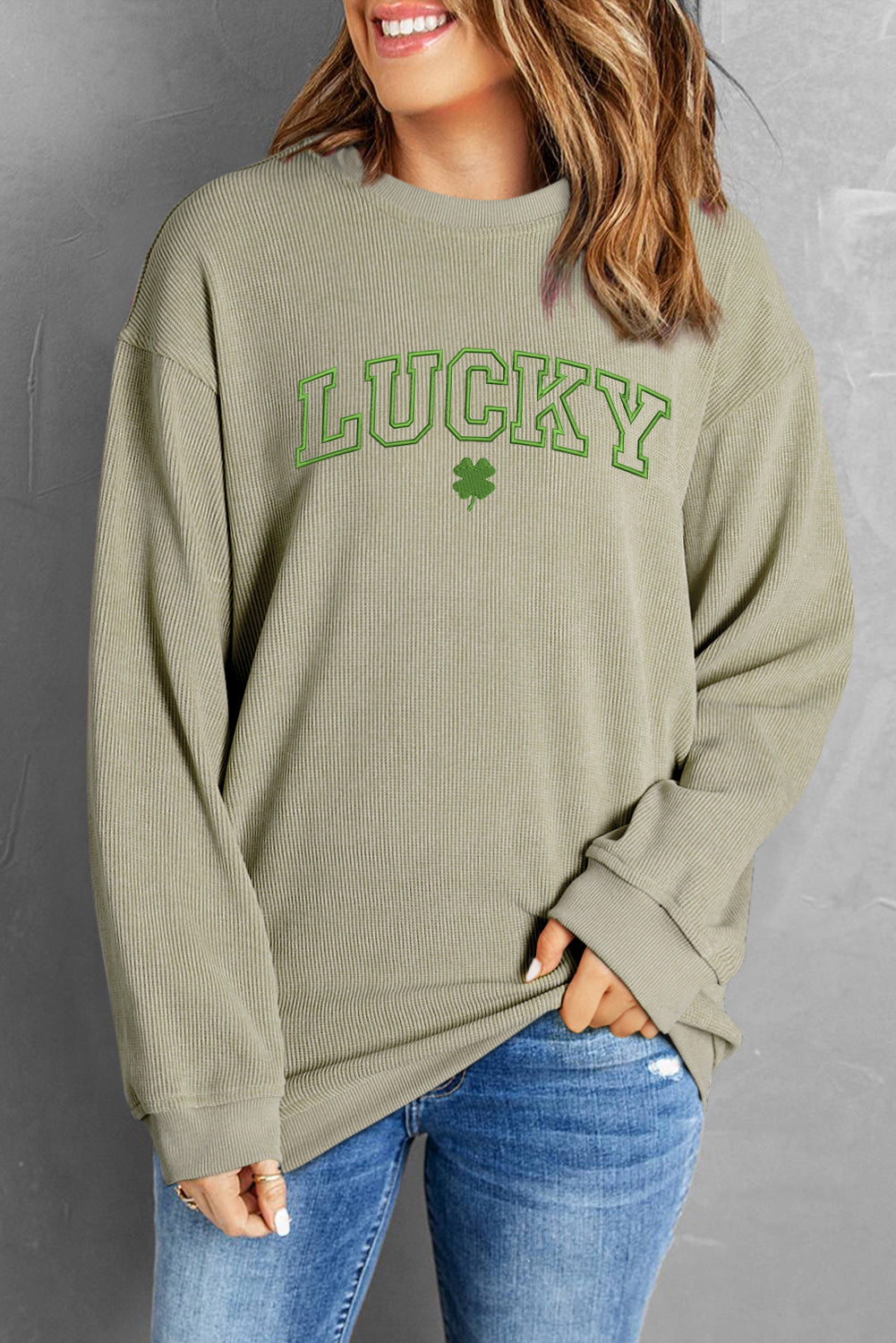 Green LUCKY Clover Graphic Corded Crewneck Sweatshirt