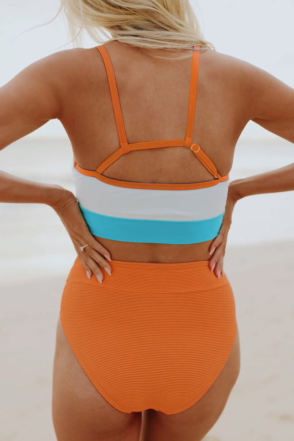 Orange Color Block Spaghetti Strap High Waist Two Piece Swimsuit